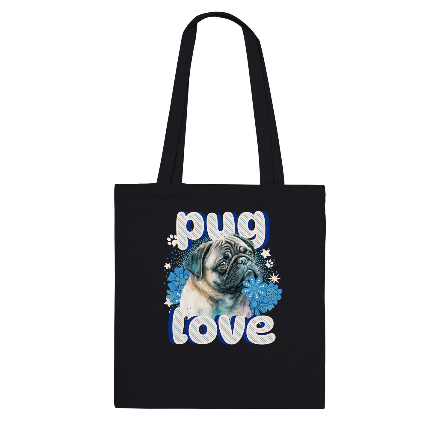 Black tote bag with a pug's head and shoulders surrounded by blue flowers and white stars and paw prints with the word "pug" above and the word "love" below in puffy bubble letters.