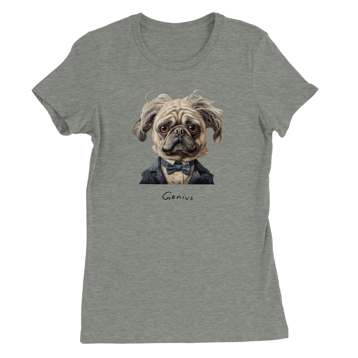 Athletic heather gray t-shirt with a pug that looks like Albert Einstein on it. Beneath the image is the word "Genius."