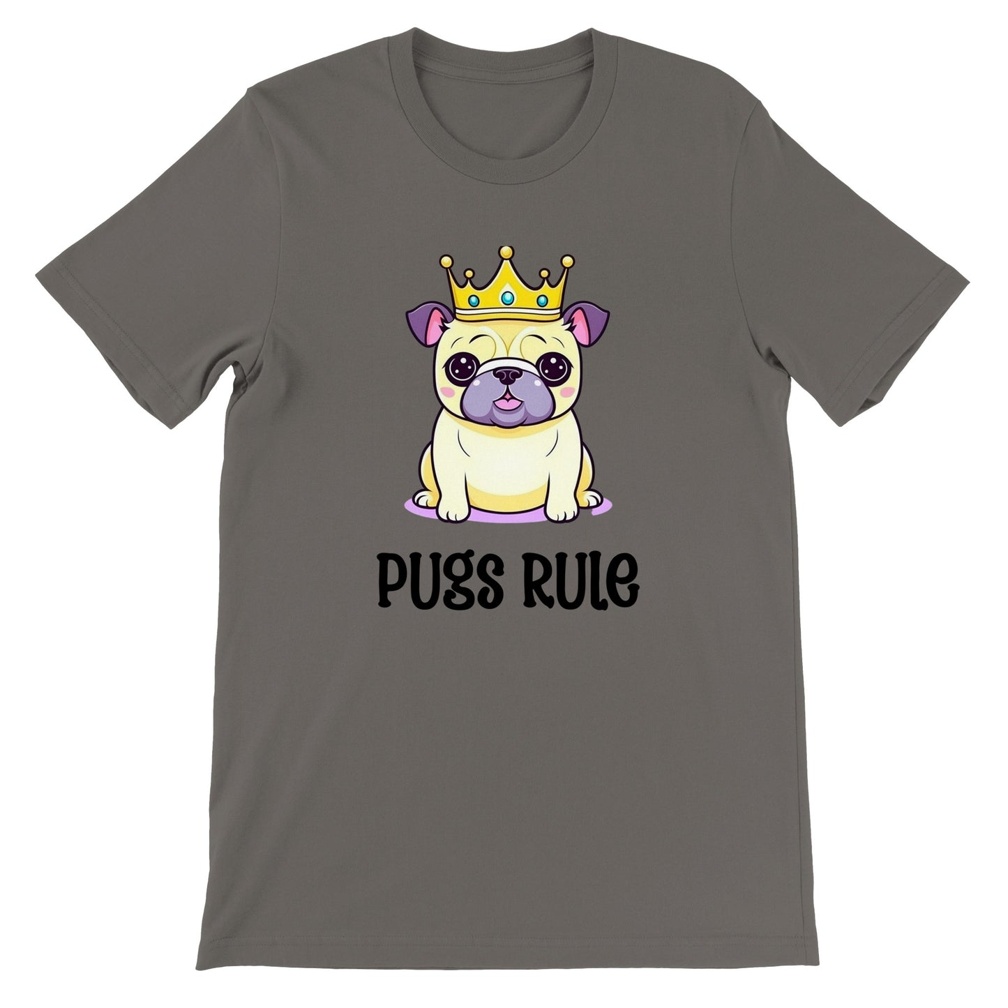 Asphalt gray t-shirt with  an image of a Kawaii-icon style pug on it. The pug is yellowy-beige with purple ears and purple-gray jowls, and the words "Pugs rule" are written under it.