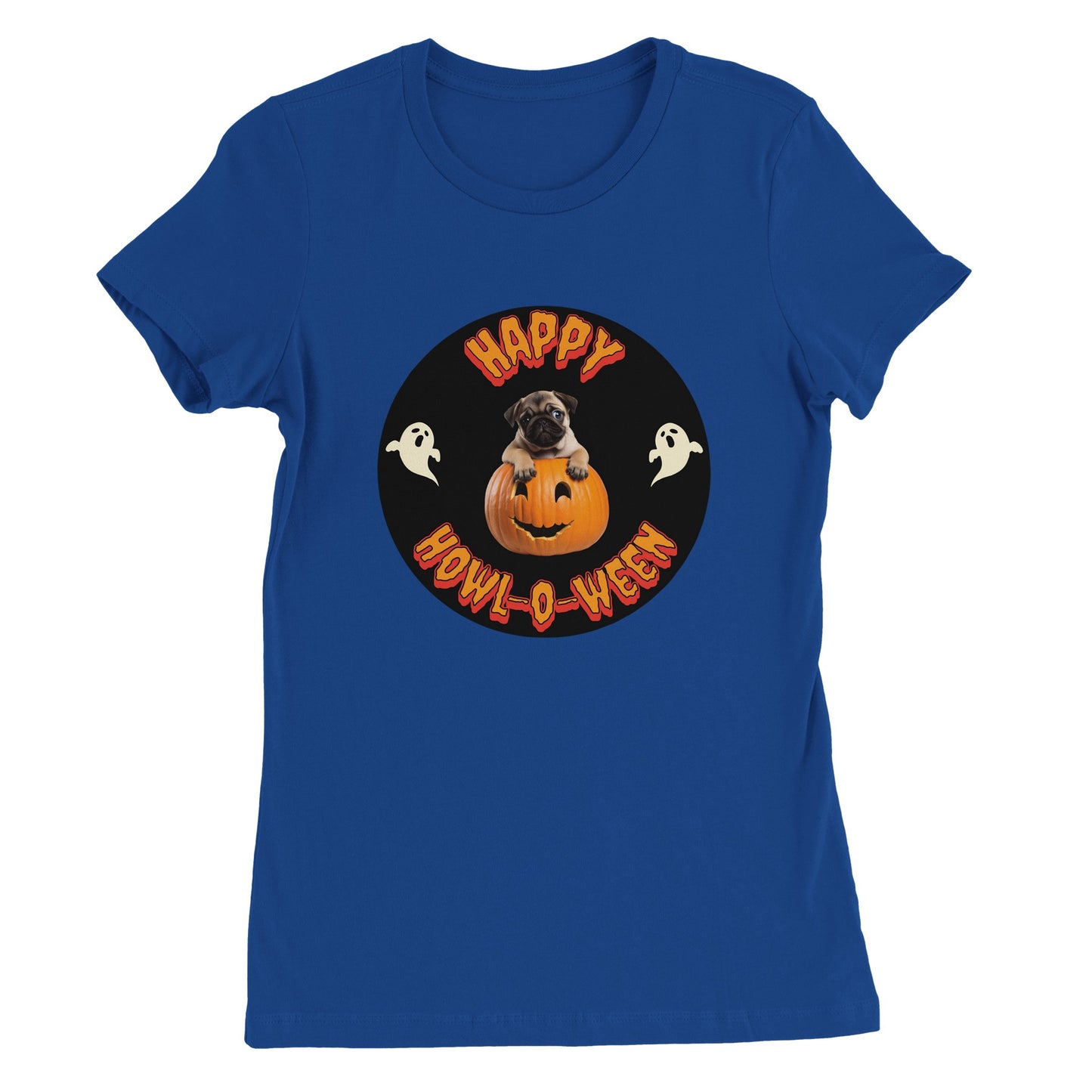 Royal blue t-shirt with a black circle in the middle. Centered in the circle is a pug puppy climbing out of a jack-o-lantern with the word "Happy" in orange spooky letters curved above the image and "Howl-o-ween" in orange spooky letters curved below the image and a white ghost on either side of the image.