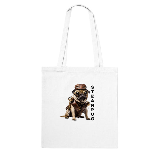 White tote bag with a pug dressed in a steampunk-style  outfit, goggles, and hat with the word "Steampug" written down the right side of the image.