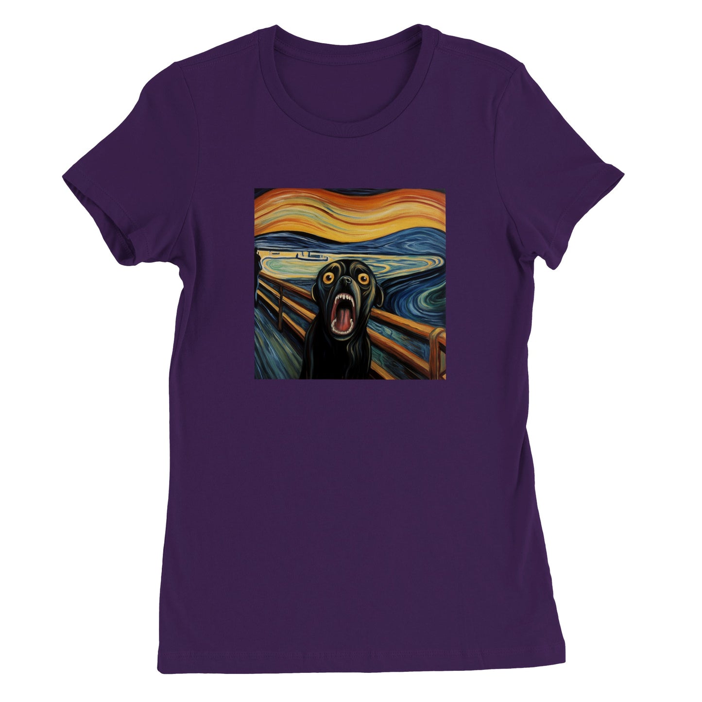 Purple t-shirt with a pug version of Edvard Munch's "The Scream" 