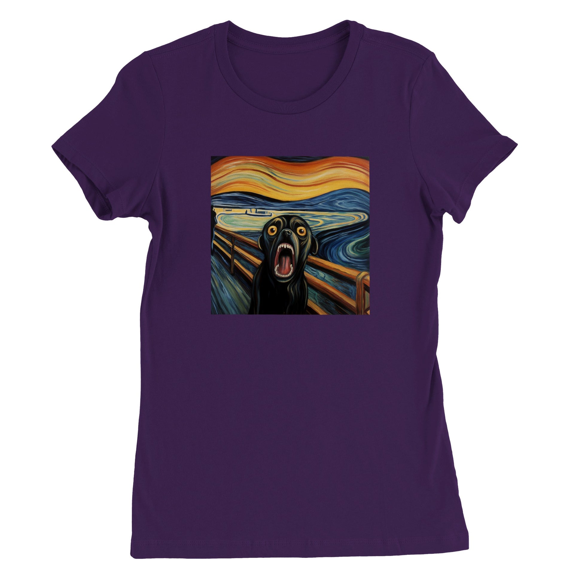 Purple t-shirt with a pug version of Edvard Munch's "The Scream" 