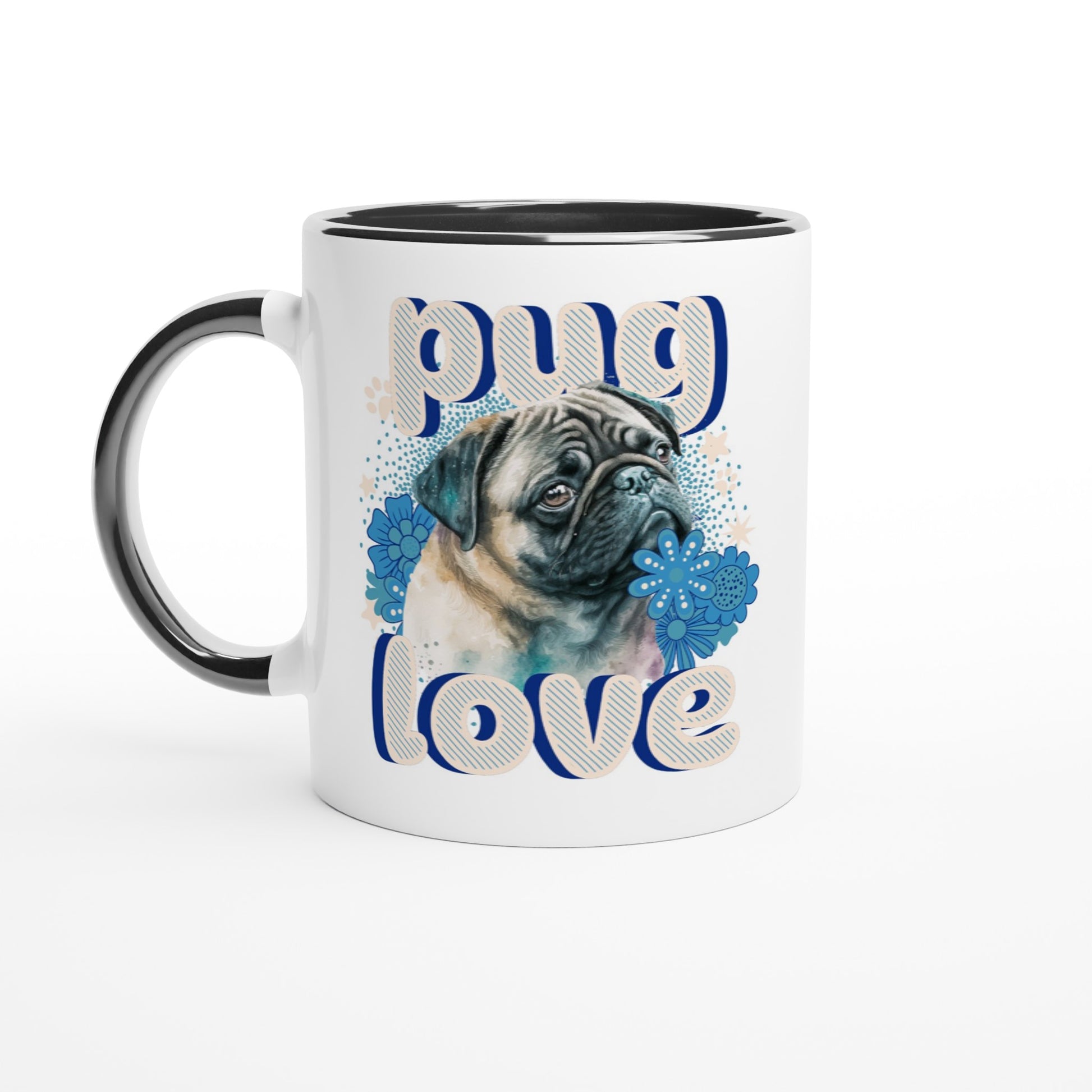 White mug with a black handle, rim, and inside with the design of a pug's head and shoulders surrounded by blue flowers and white stars and paw prints with the word "pug" above and the word "love" below in puffy bubble letters.