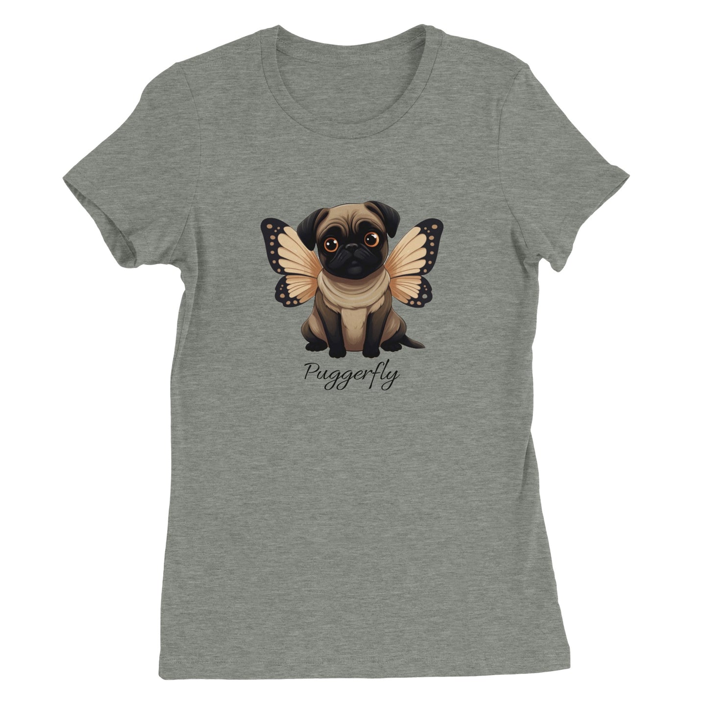 Athletic heather gray t-shirt with a cartoon style picture of a fawn-colored pug with orangey-beige butterfly wings attached to her back and big sad eyes. The word "Puggerfly" is beneath the image.