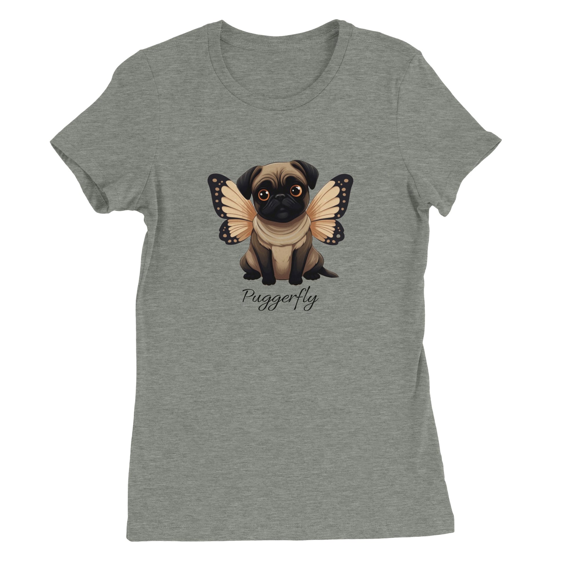 Athletic heather gray t-shirt with a cartoon style picture of a fawn-colored pug with orangey-beige butterfly wings attached to her back and big sad eyes. The word "Puggerfly" is beneath the image.