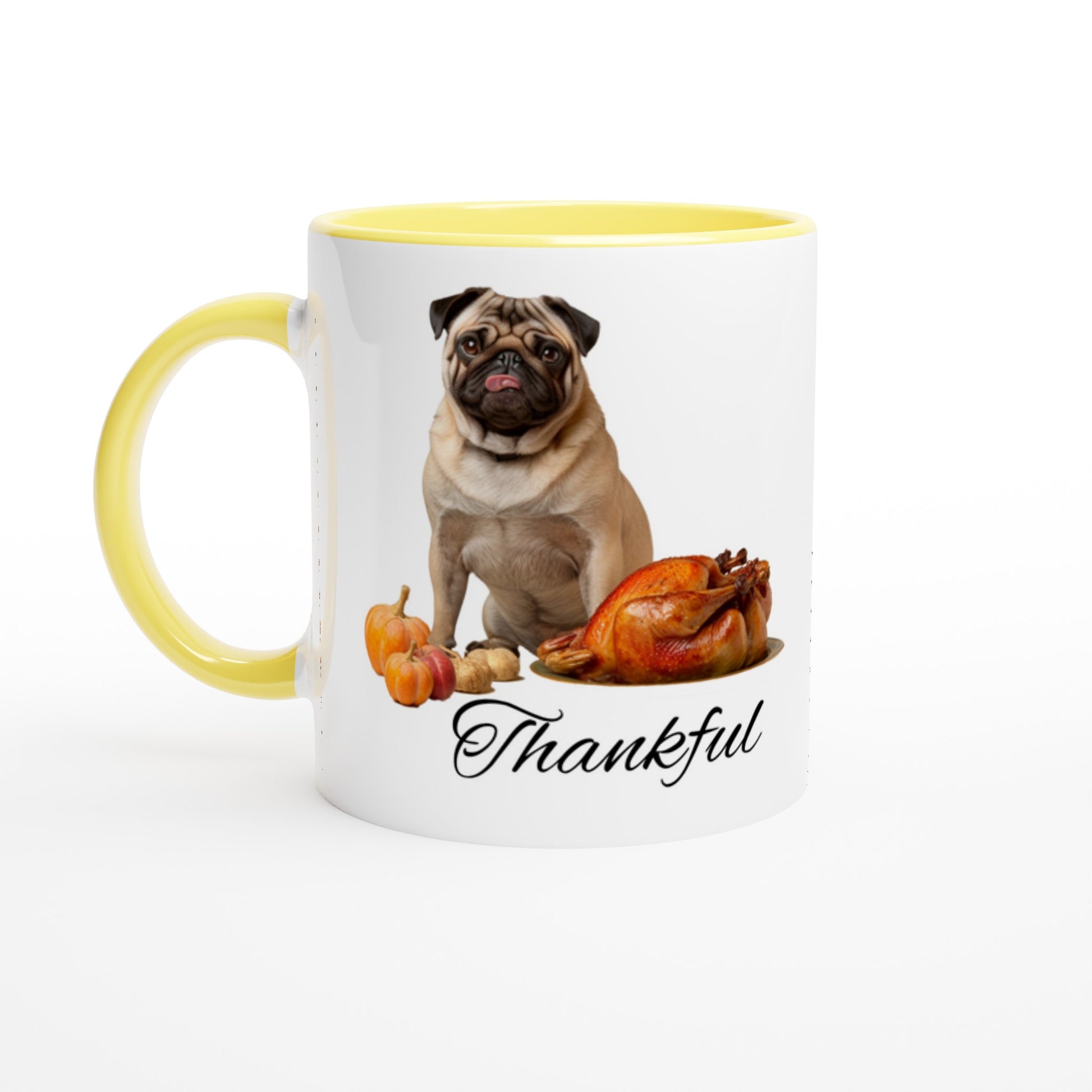 White mug with yellow handle, rim, and inside with a picture of a pug sitting behind pumpkins and a roast turkey with the word "Thankful" under it.