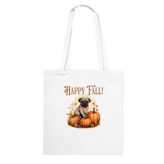 White tote bag with a picture of a pug sitting in a pumpkin patch