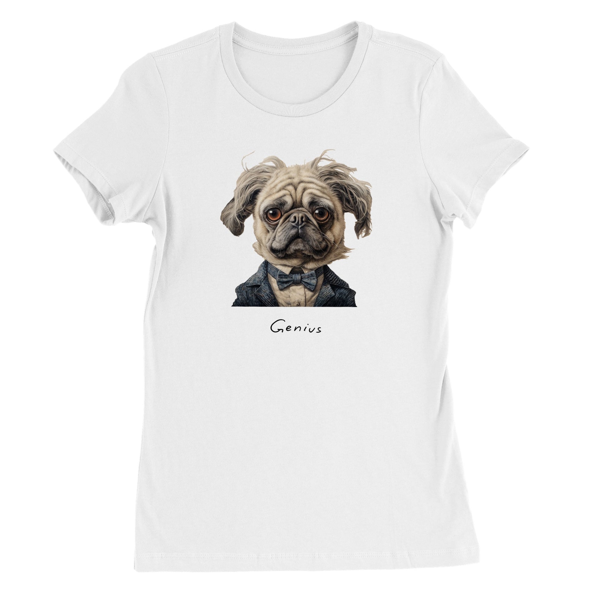 White t-shirt with a pug that looks like Albert Einstein on it. Beneath the image is the word "Genius."