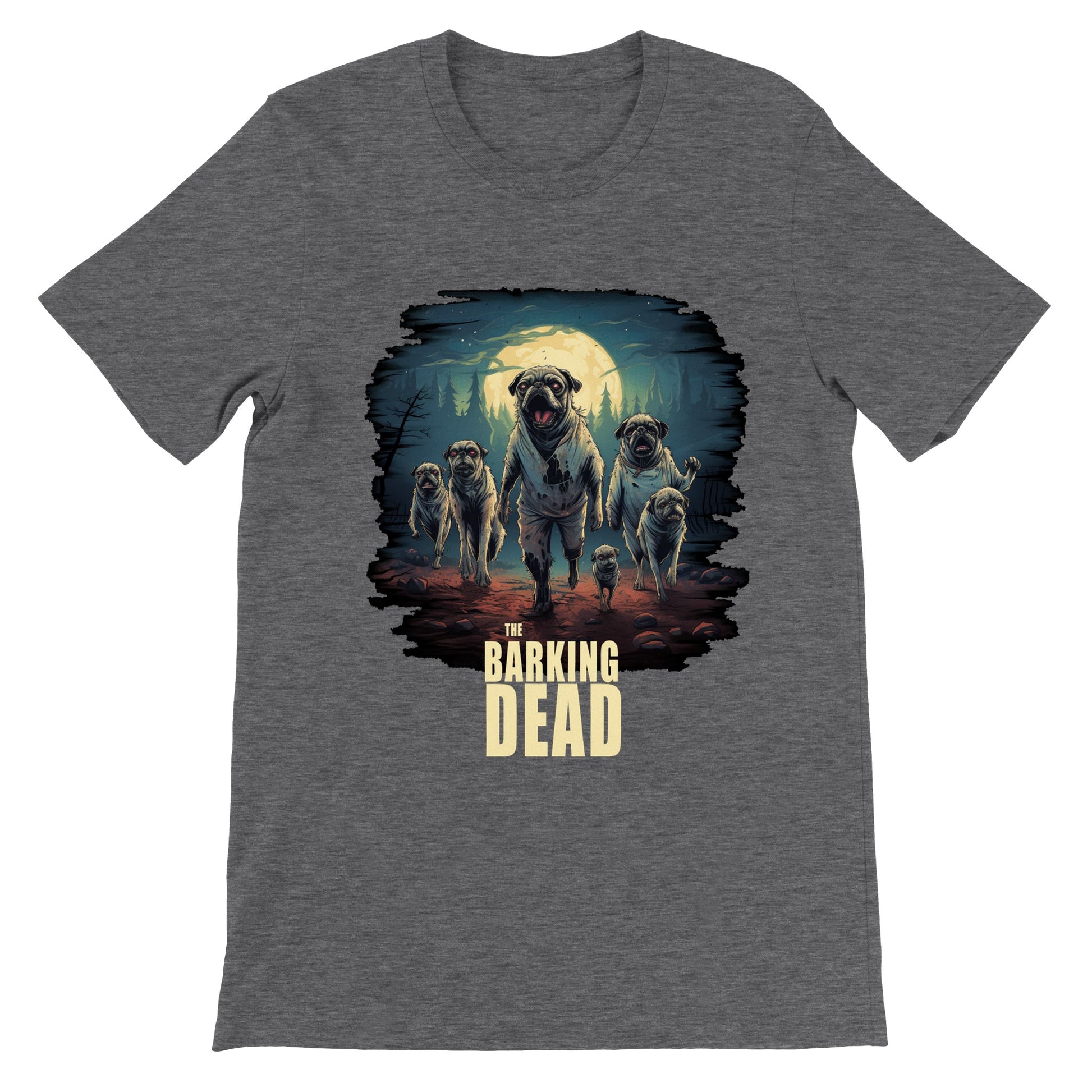 Dark gray heather t-shirt with the image of a group of zombie pugs walking through a forest on a spooky moonlit night with the words "The barking dead" underneath the image