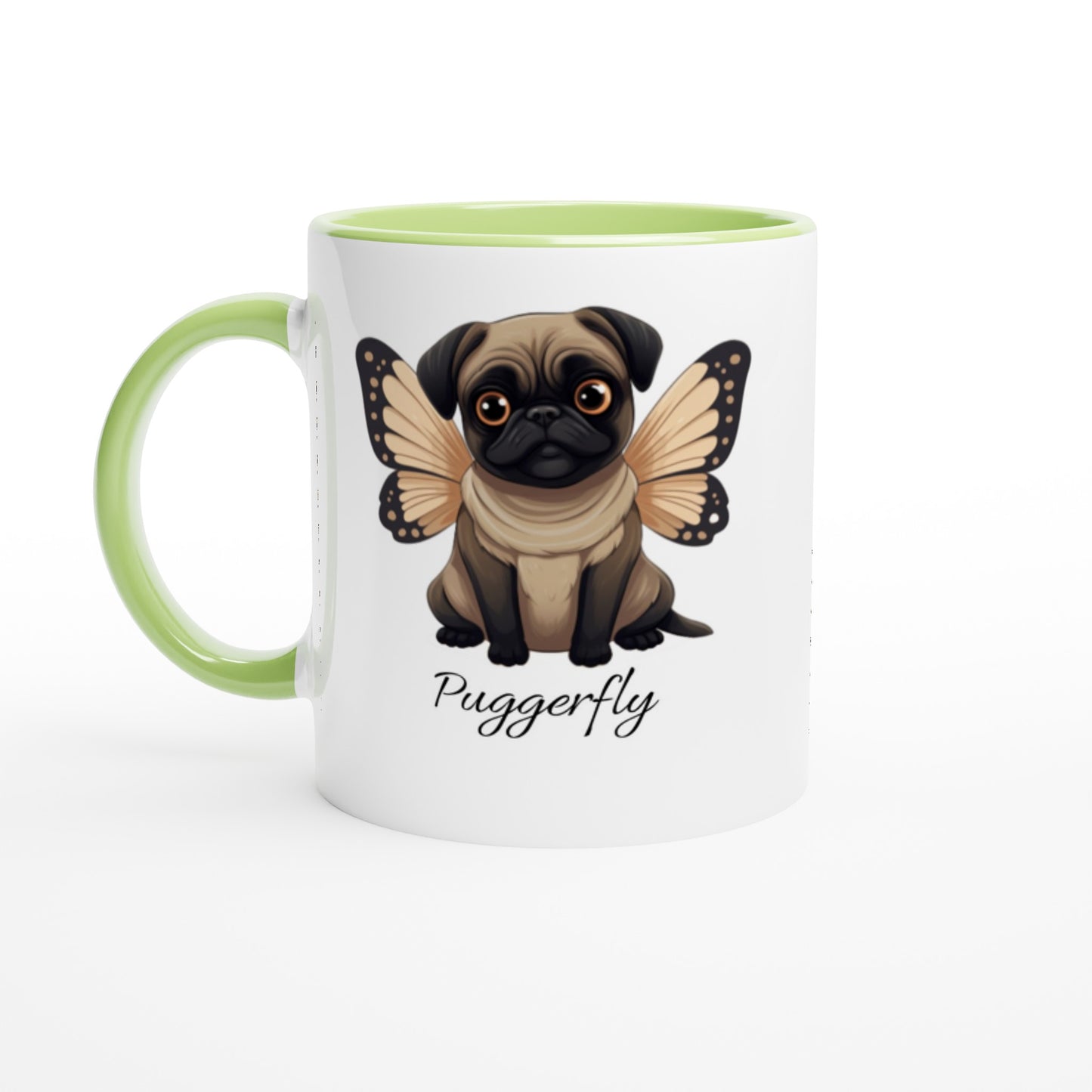 Puggerfly -- White 11oz Ceramic Pug Mug with Color Inside