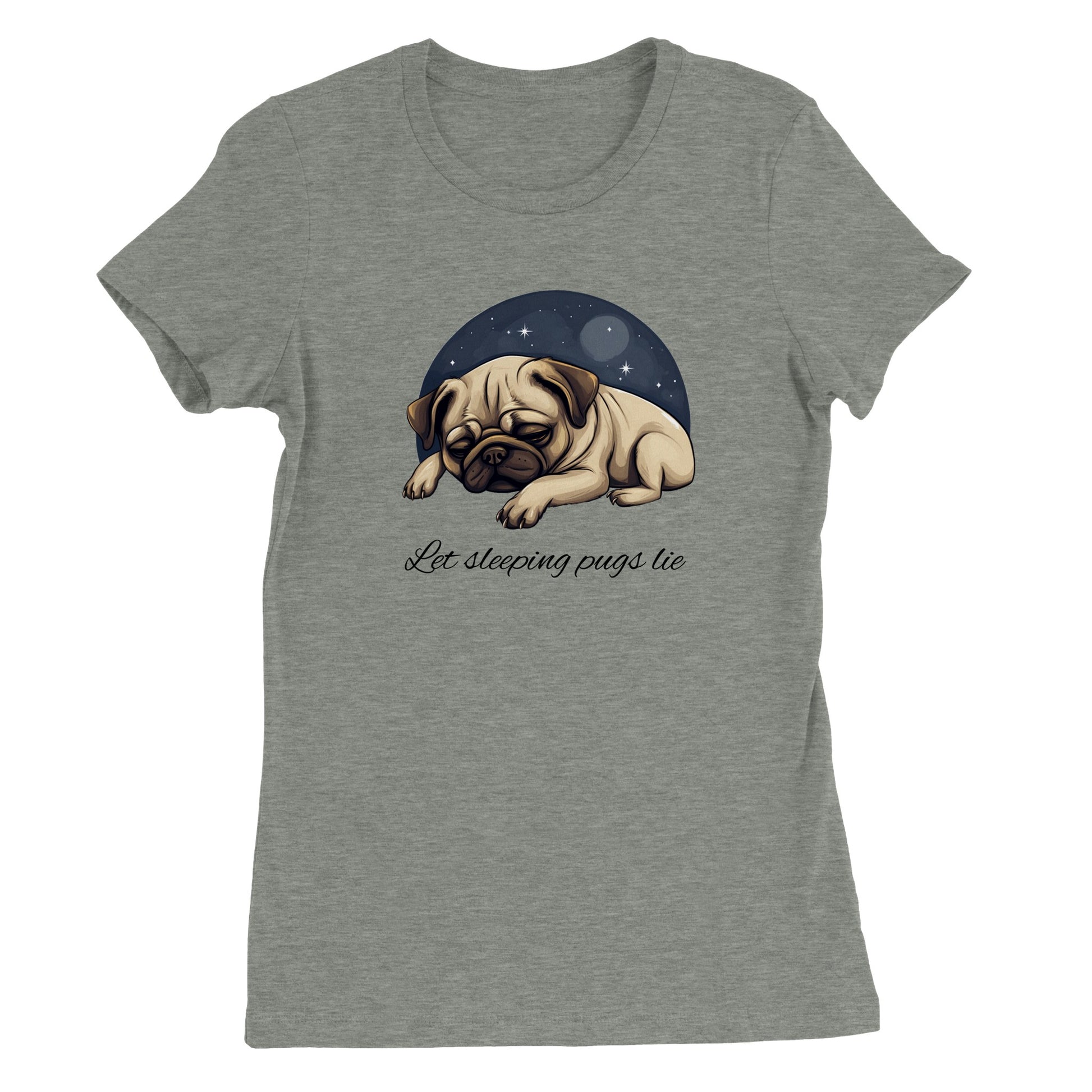 Athletic heather gray t-shirt with a cartoonish picture of a sleeping pug surrounded by a half-circle of starry night sky with the words "Let sleeping pugs lie" under the image in cursive lettering.