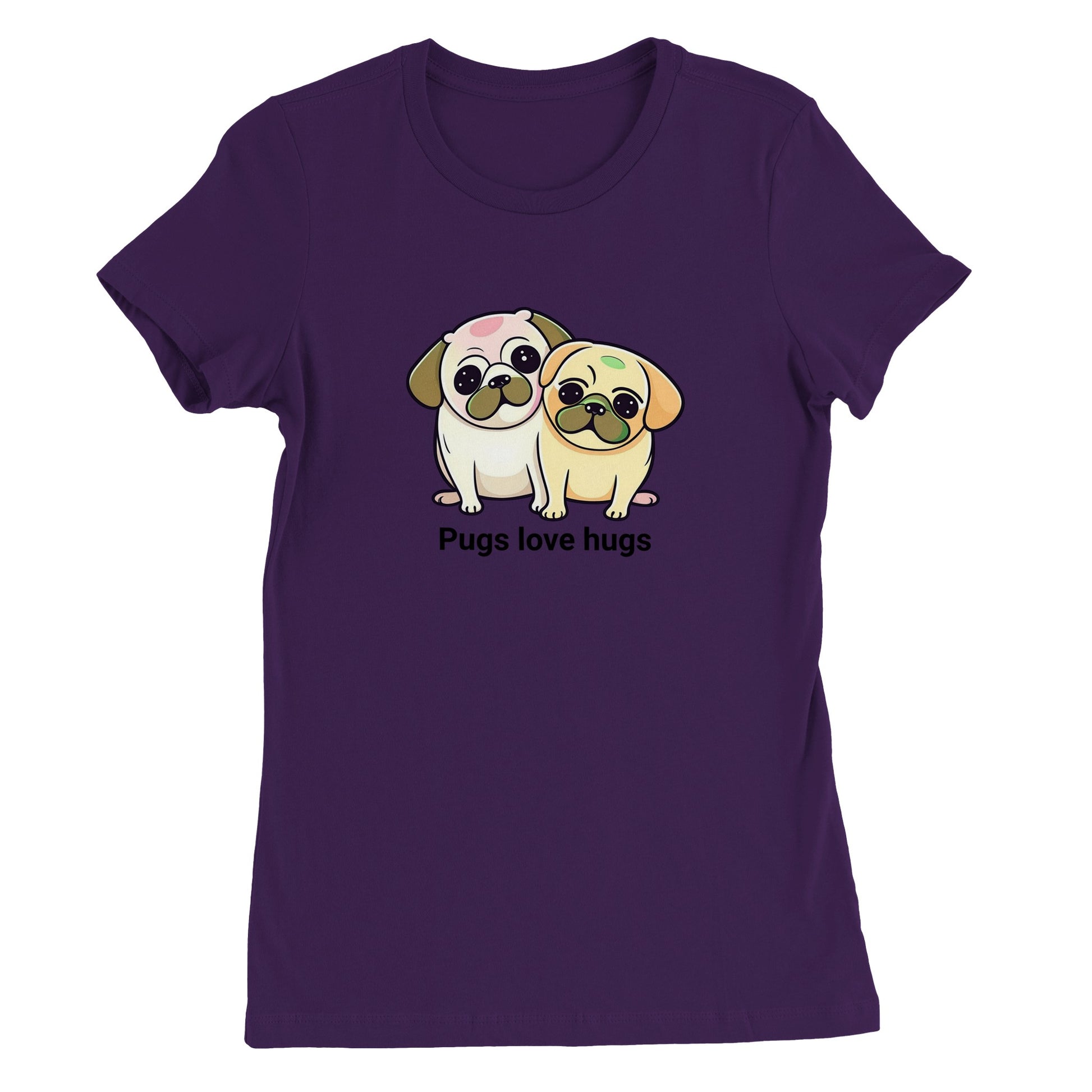 Purple t-shirt with two pugs sitting snuggled next to each other. The pugs are drawn in a cartoon Kawaii-icon style and one is more white-beige and the other iis yellow-beige. Underneath the pugs are the words "pugs love hugs."