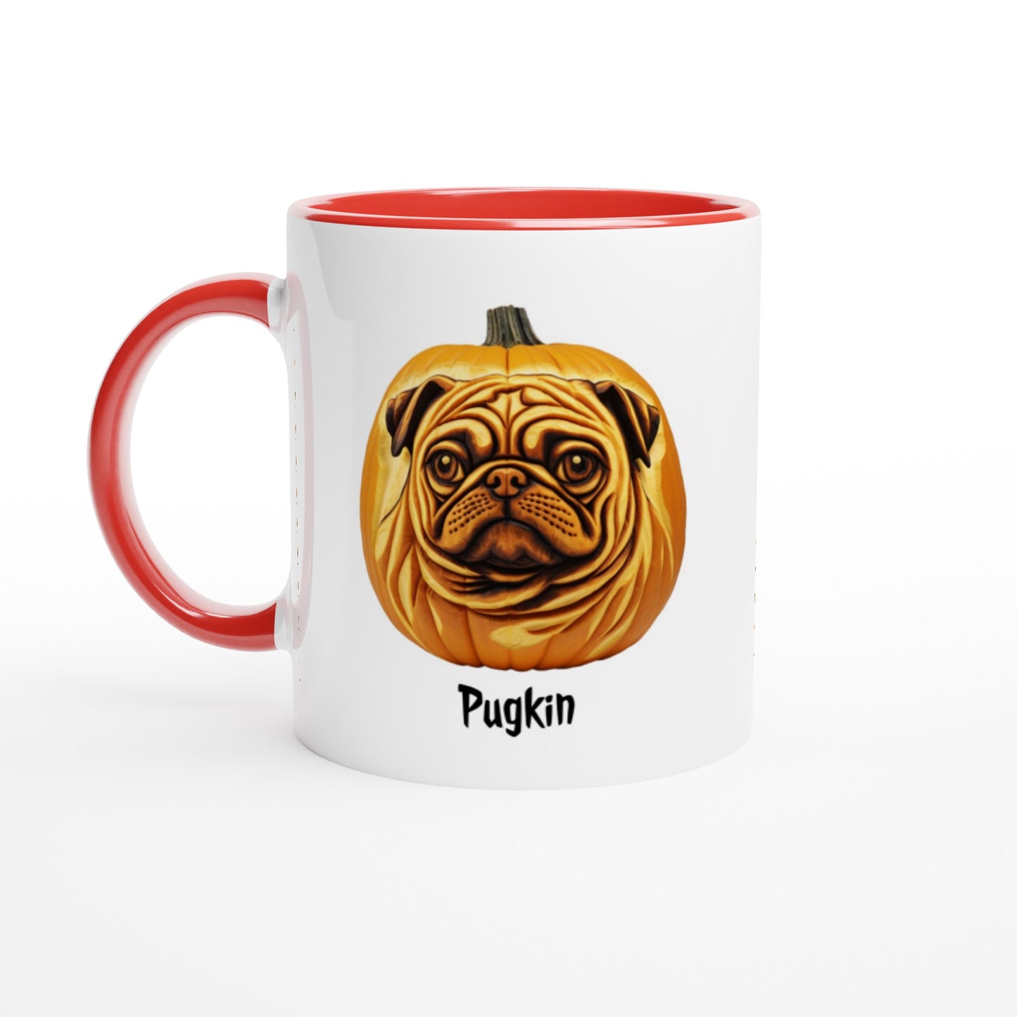 White ceramic mug with a red handle, rim, and inside with a pumpkin that has the face of a pug on it. The word Pugkin is written beneath the image.