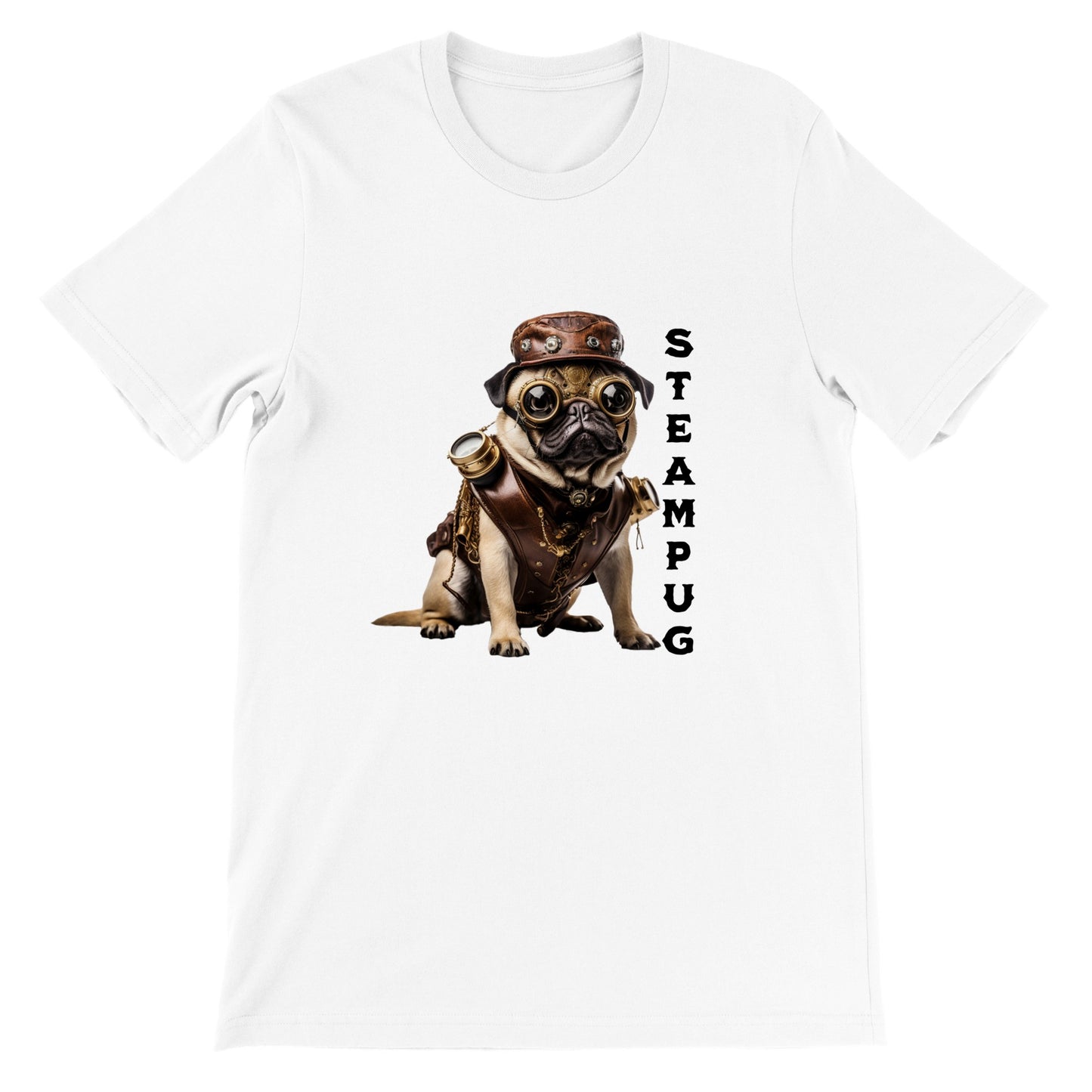 White t-shirt with a pug dressed in a steampunk-style  outfit, goggles, and hat with the word "Steampug" written down the right side of the image.