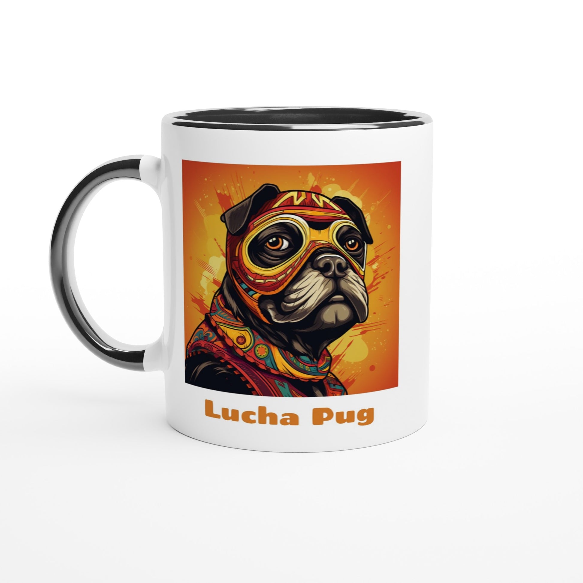 White mug with a black handle, rim, and inside with the bust of a cartoon pug wearing an orange, red, and yellow luchador mask and costume on a fiery orange and yellow background