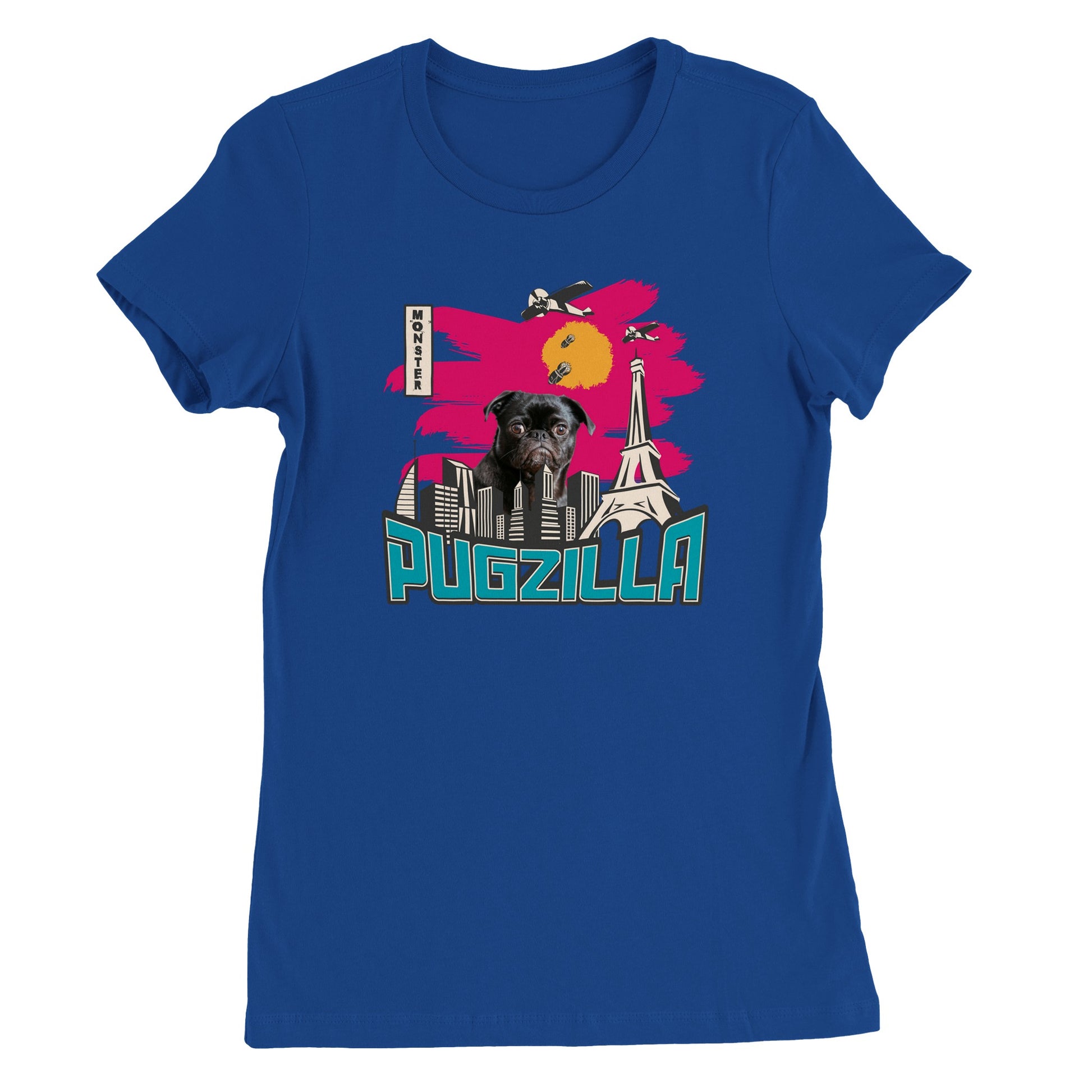 Royal blue t-shirt with the image of a black pug standing over a cityscape under a pink sky with jets dropping bombs on him and with the word "Pugzilla" under it.