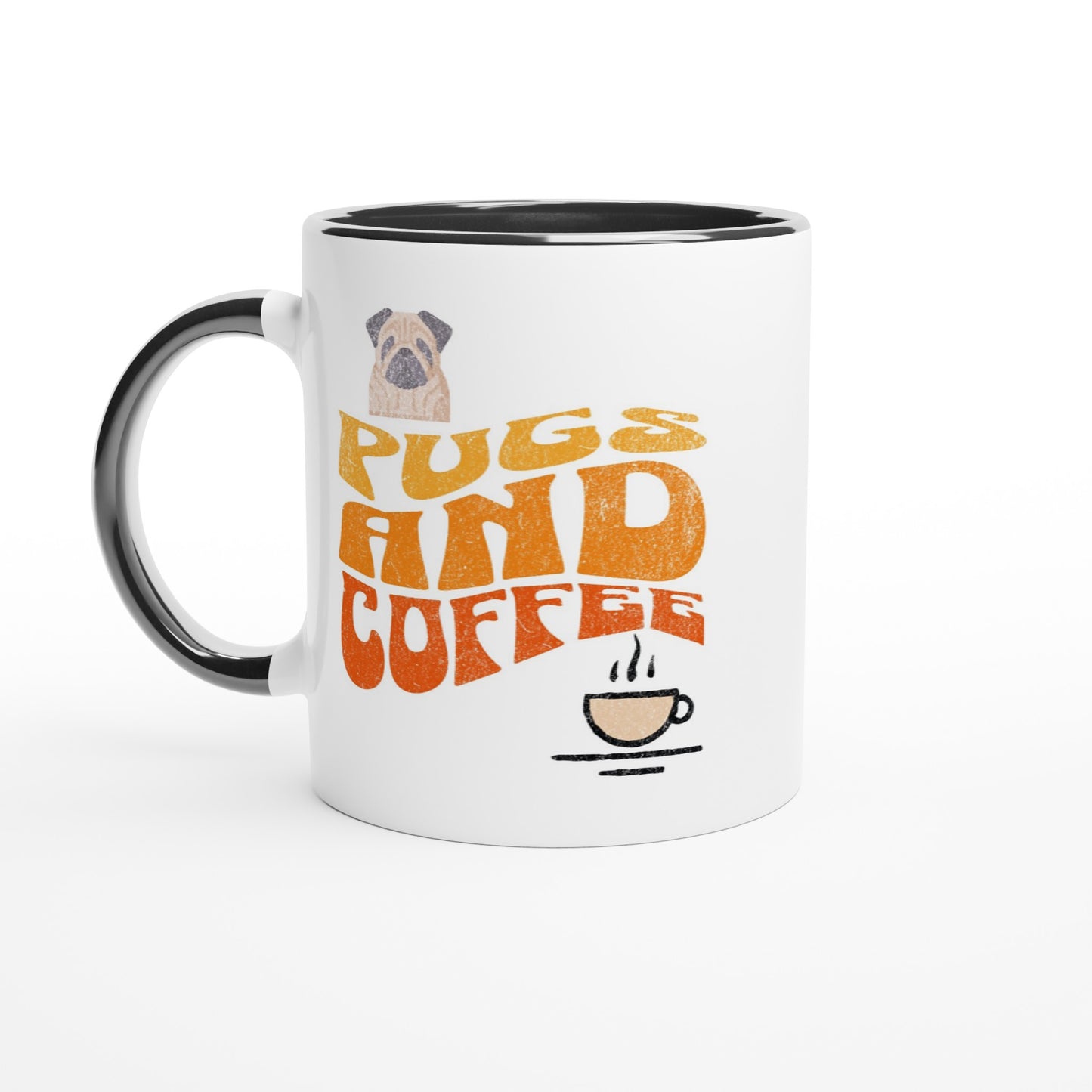 White mug with black handle, rim, and inside with  the words "Pugs and Coffee" in yellow, orange, and red in a retro, faded, wavy style. There is a picture of a cartoon pug above the words on the left and a line-drawing of a steaming cup of coffee below the words on the right.