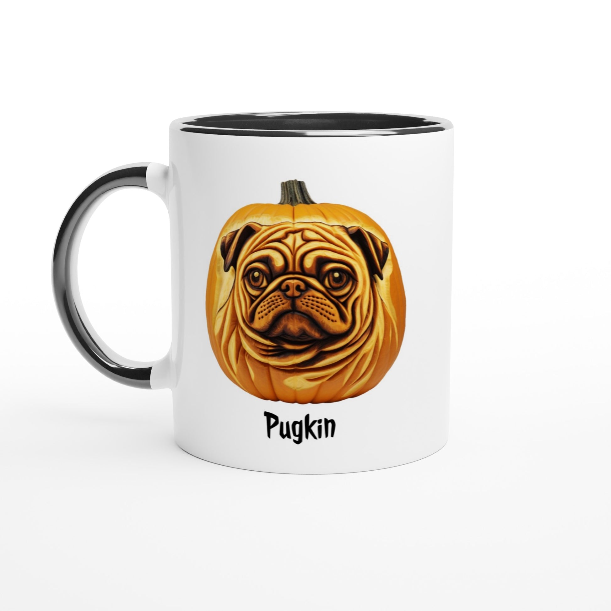 White ceramic mug with a black handle, rim, and inside with a pumpkin that has the face of a pug on it. The word Pugkin is written beneath the image.