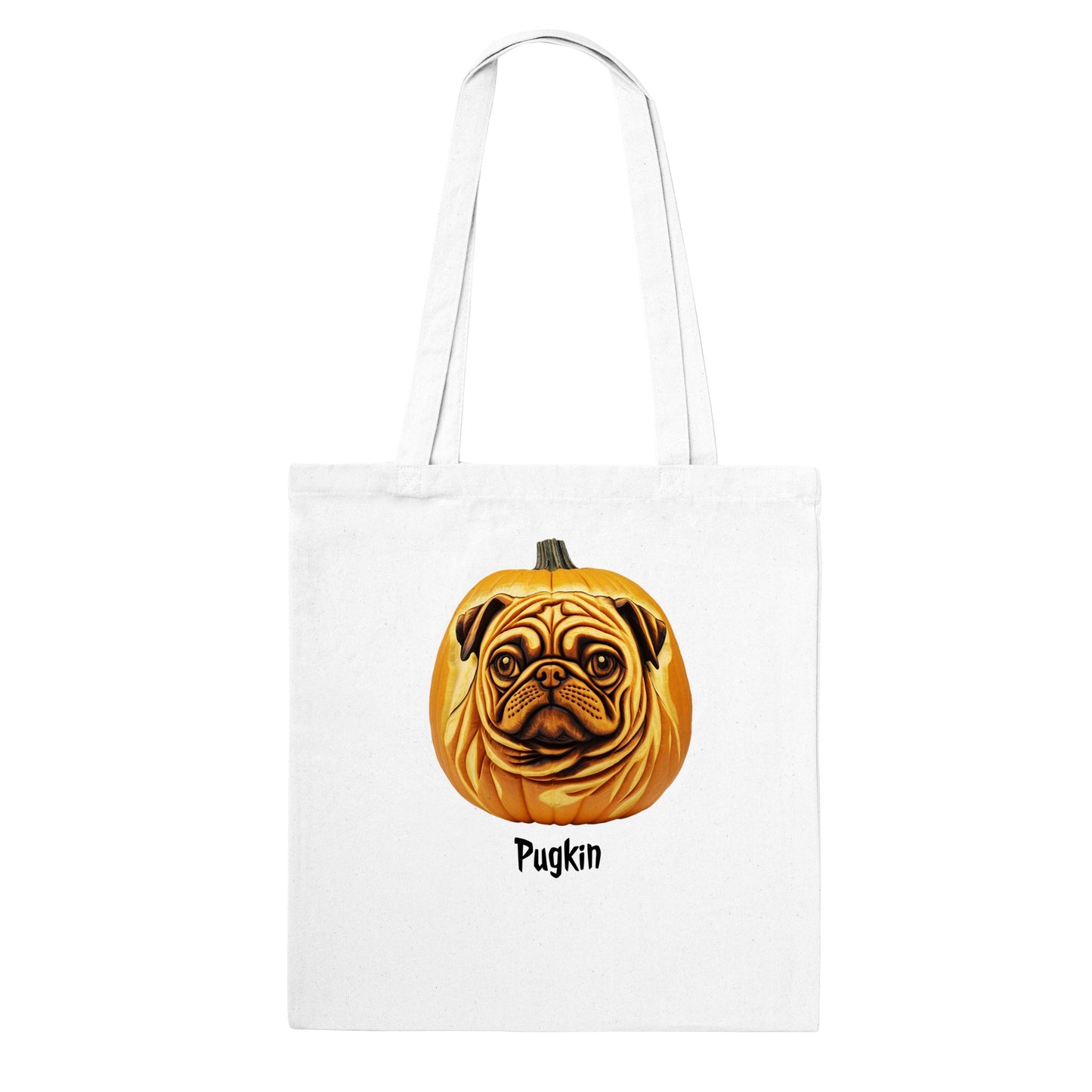 White tote bag with a pumpkin that has the face of a pug on it. The word Pugkin is written beneath the image.