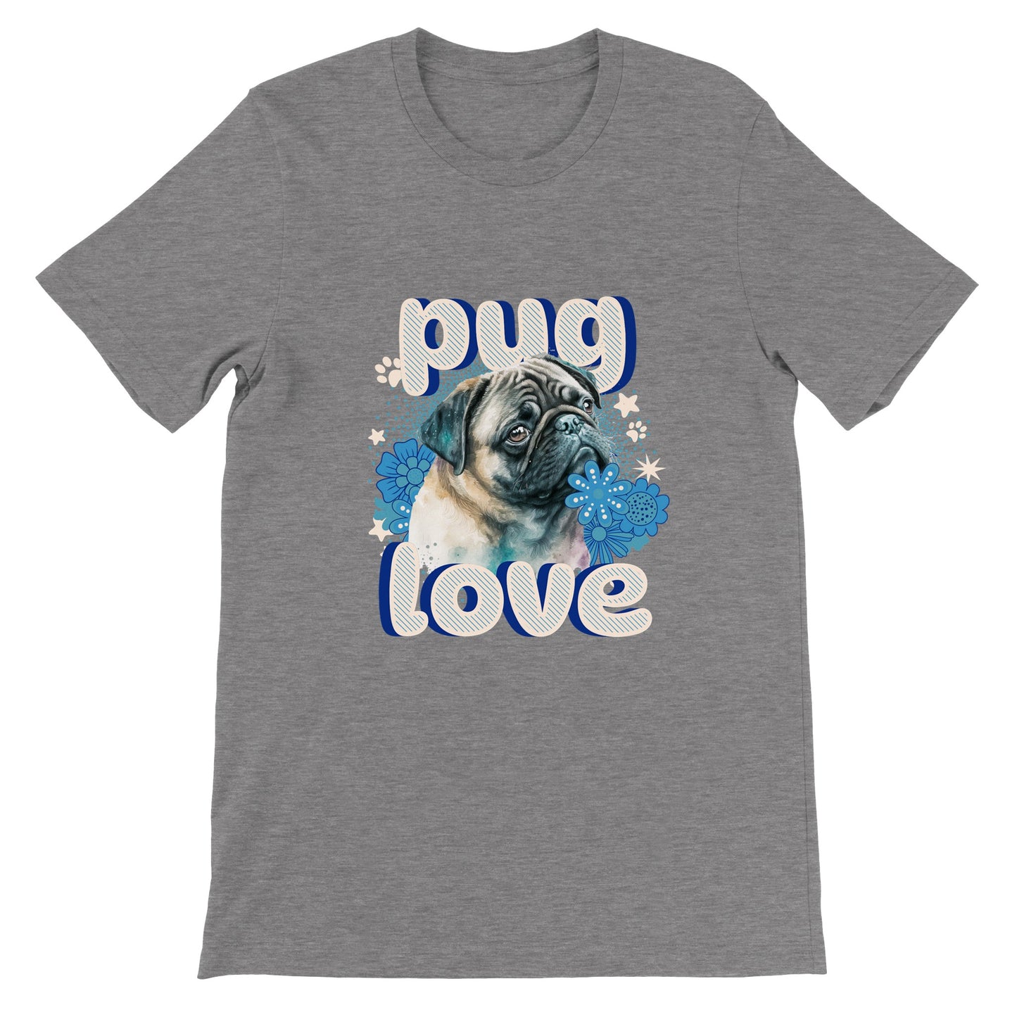 Dark gray heather t-shirt with a pug's head and shoulders surrounded by blue flowers and white stars and paw prints with the word "pug" above and the word "love" below in puffy bubble letters.