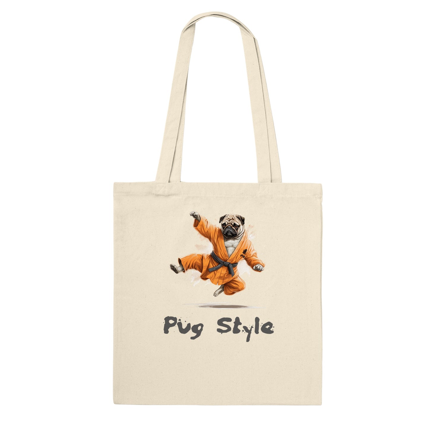 Natural beige tote bag with a picture of a cartoon pug wearing an orange gi and doing a flying sidekick with the words "Pug Style" written underneath.