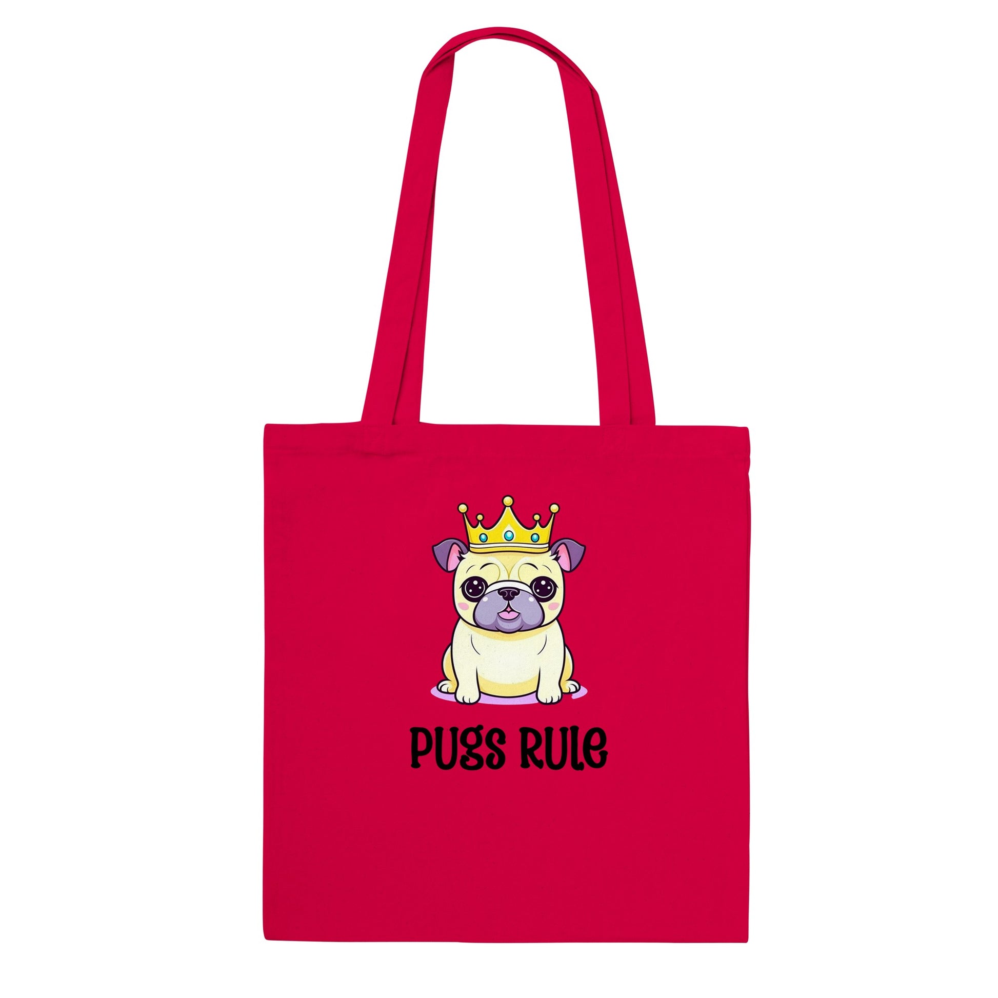 A red tote bag with an image of a kawaii icon-style pug wearing  a crown with the words "Pugs rule" underneath the image