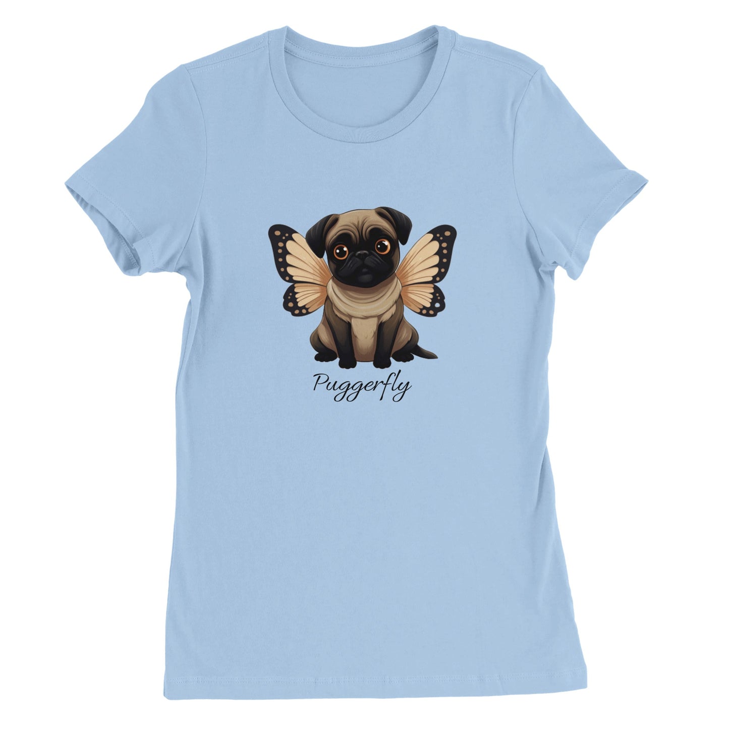 Baby blue t-shirt with a cartoon style picture of a fawn-colored pug with orangey-beige butterfly wings attached to her back and big sad eyes. The word "Puggerfly" is beneath the image.