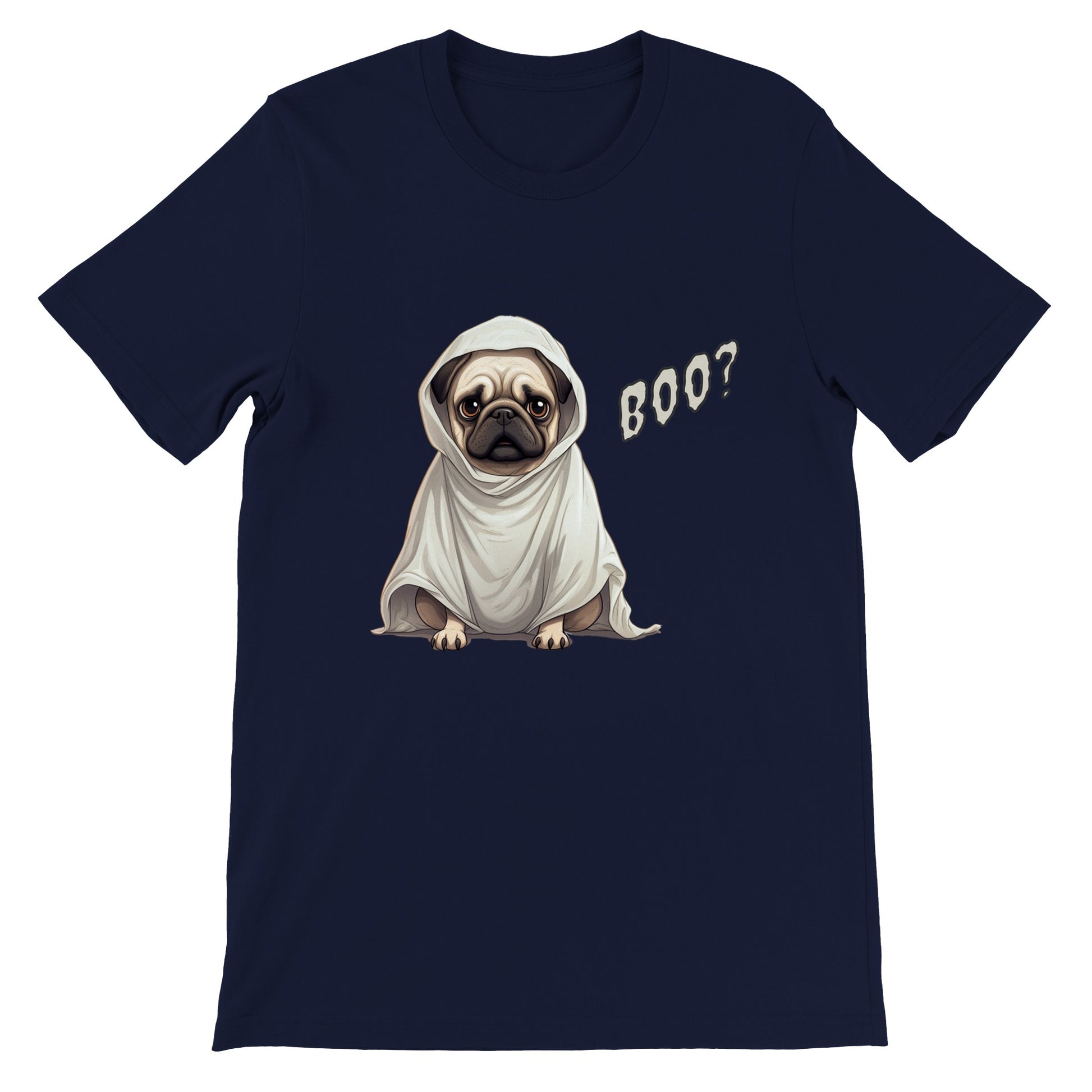 Navy t-shirt with a fawn-colored cartoon-style pug on it. The pug has a concerned expression and is wearing a ghost costume. The word "Boo?" is on the right side of the image.