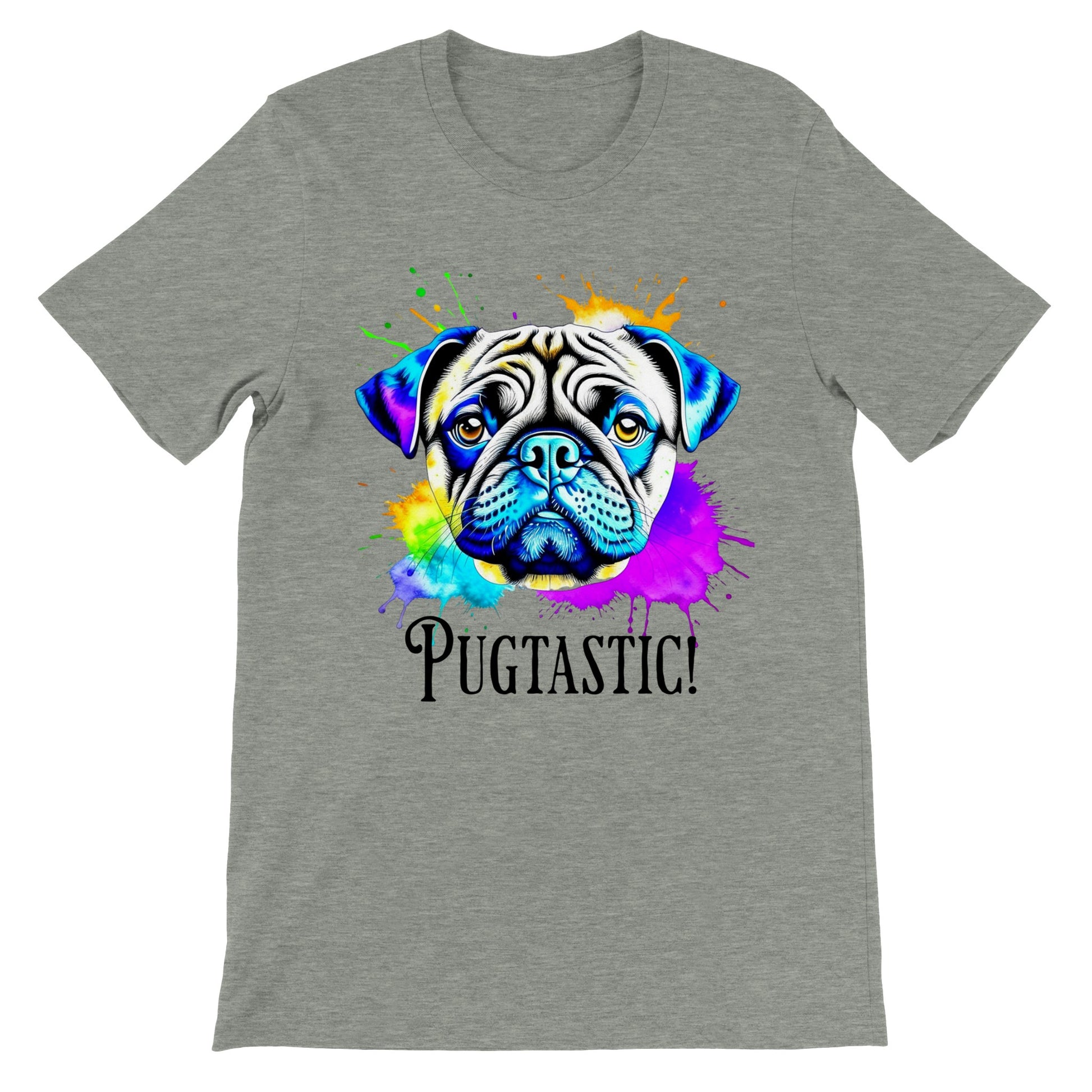 Athletic heather gray t-shirt with the image of a pug done in blues, beige,  and  purple with splotches of orange, yellow, green , blue, and purple around it.  The word "Pugtastic!" is written beneath the image in all caps.