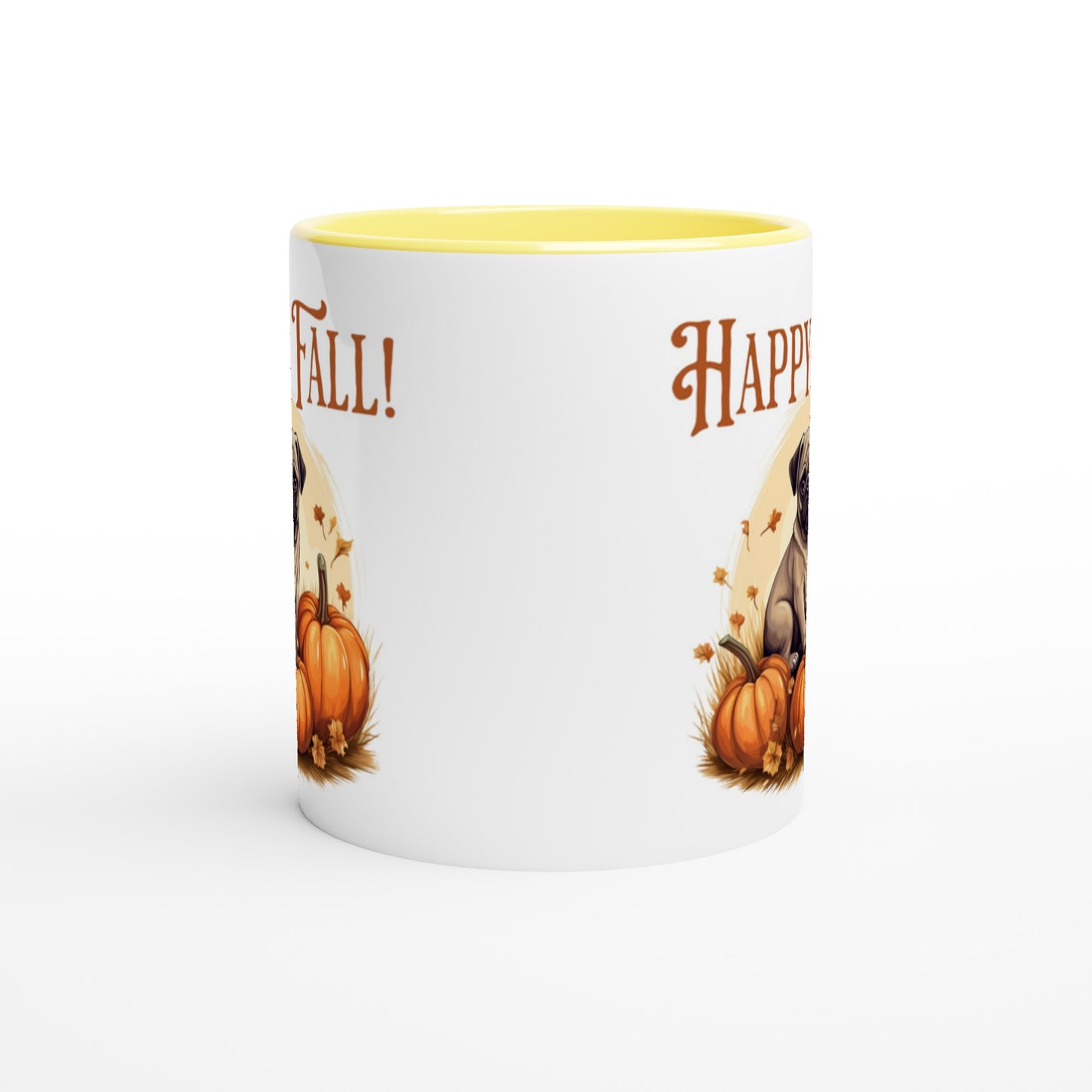 Front view of a white mug with a yellow handle, rim, and inside with a picture of a pug sitting in a pumpkin patch