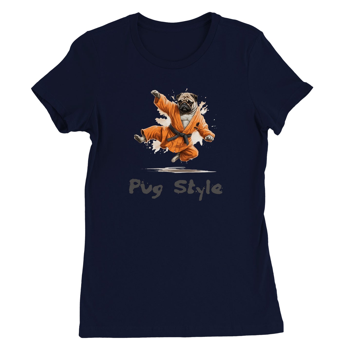 Navy blue t-shirt with a picture of a cartoon pug wearing an orange gi and doing a flying sidekick with the words "Pug Style" written underneath.