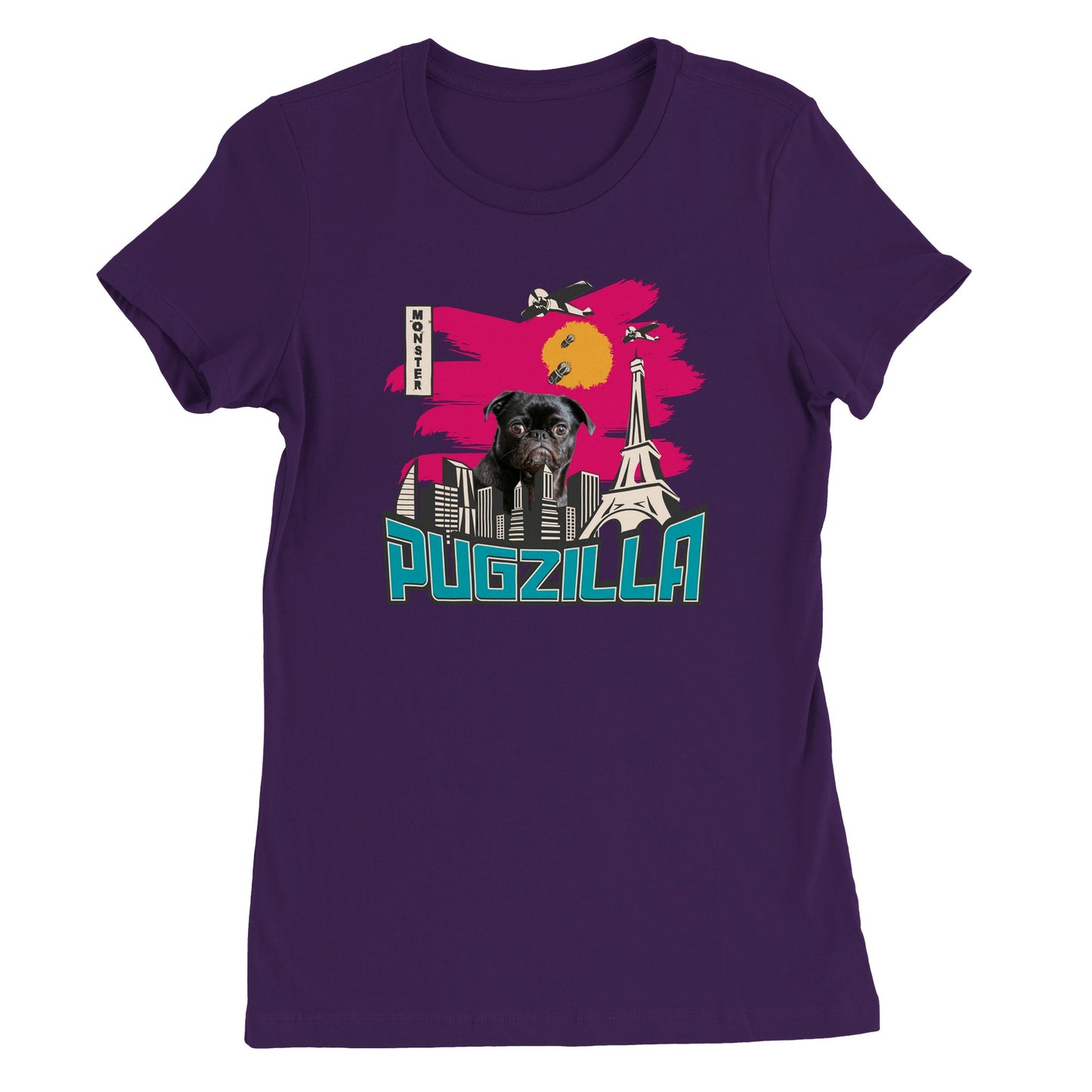 Purple t-shirt with the image of a black pug standing over a cityscape under a pink sky with jets dropping bombs on him and with the word "Pugzilla" under it.