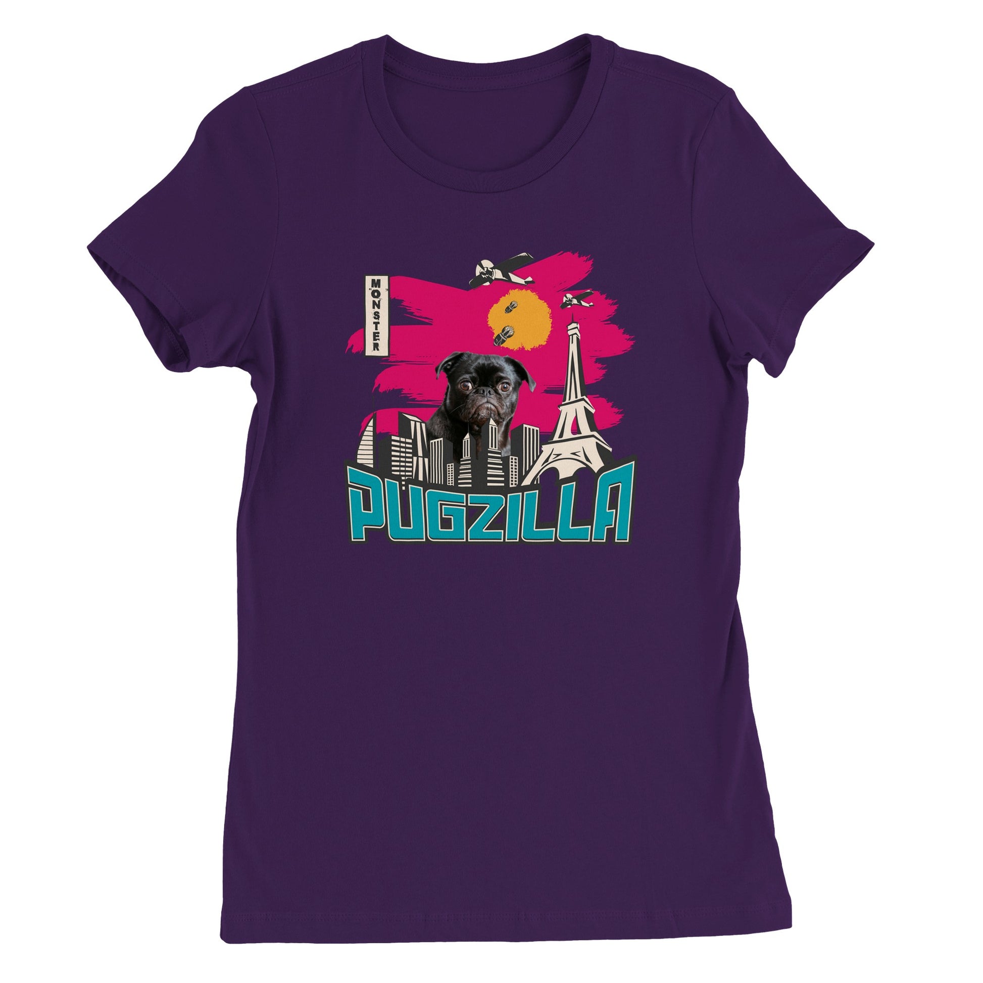 Purple t-shirt with the image of a black pug standing over a cityscape under a pink sky with jets dropping bombs on him and with the word "Pugzilla" under it.