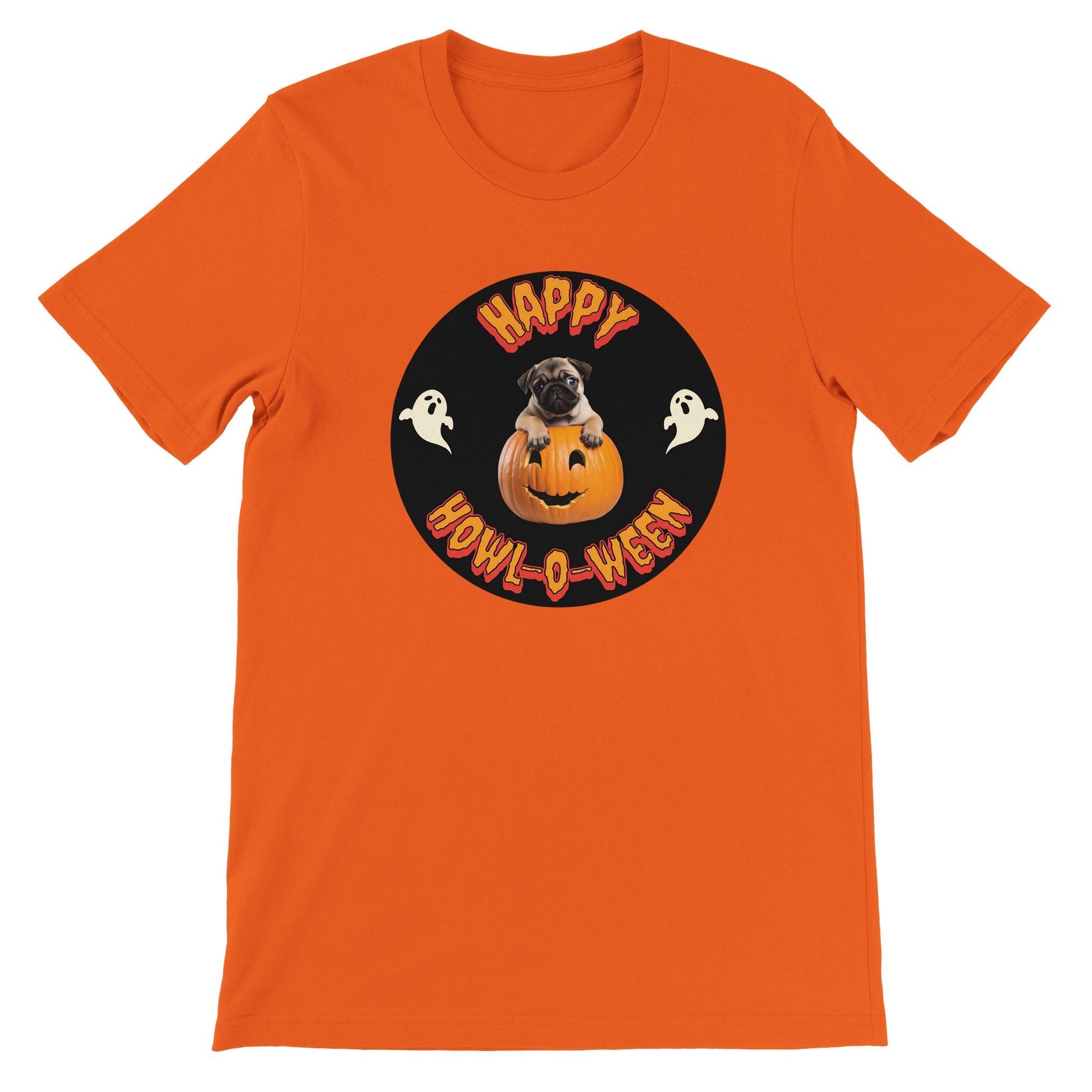 Orange t-shirt with a black circle in the middle. Centered in the circle is a pug puppy climbing out of a jack-o-lantern with the word "Happy" in orange spooky letters curved above the image and "Howl-o-ween" in orange spooky letters curved below the image and a white ghost on either side of the image.