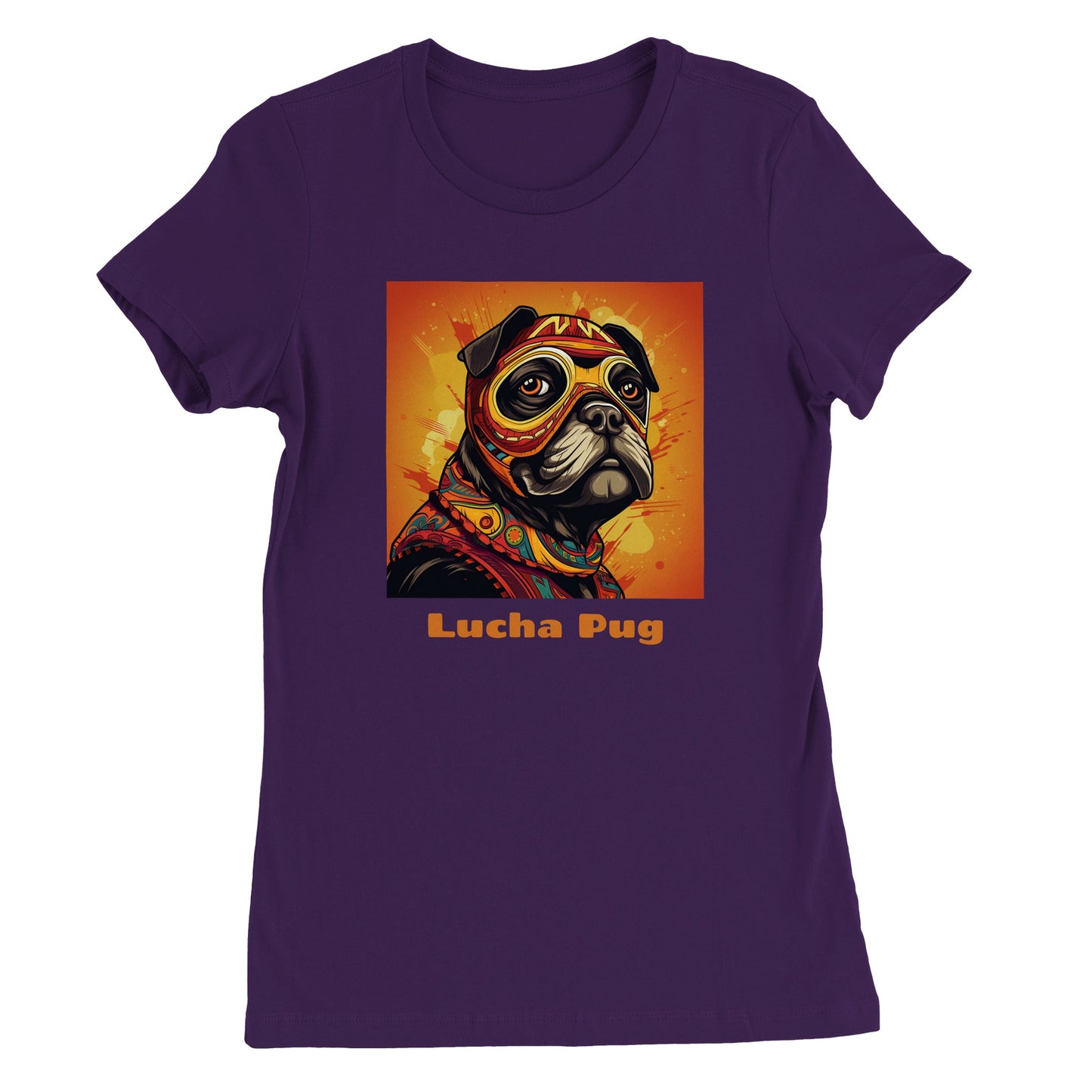 Purple t-shirt with the head and shoulders of a  black pug in a colorful lucha mask and outfit on an orange background with the words "Lucha Pug" under the image.