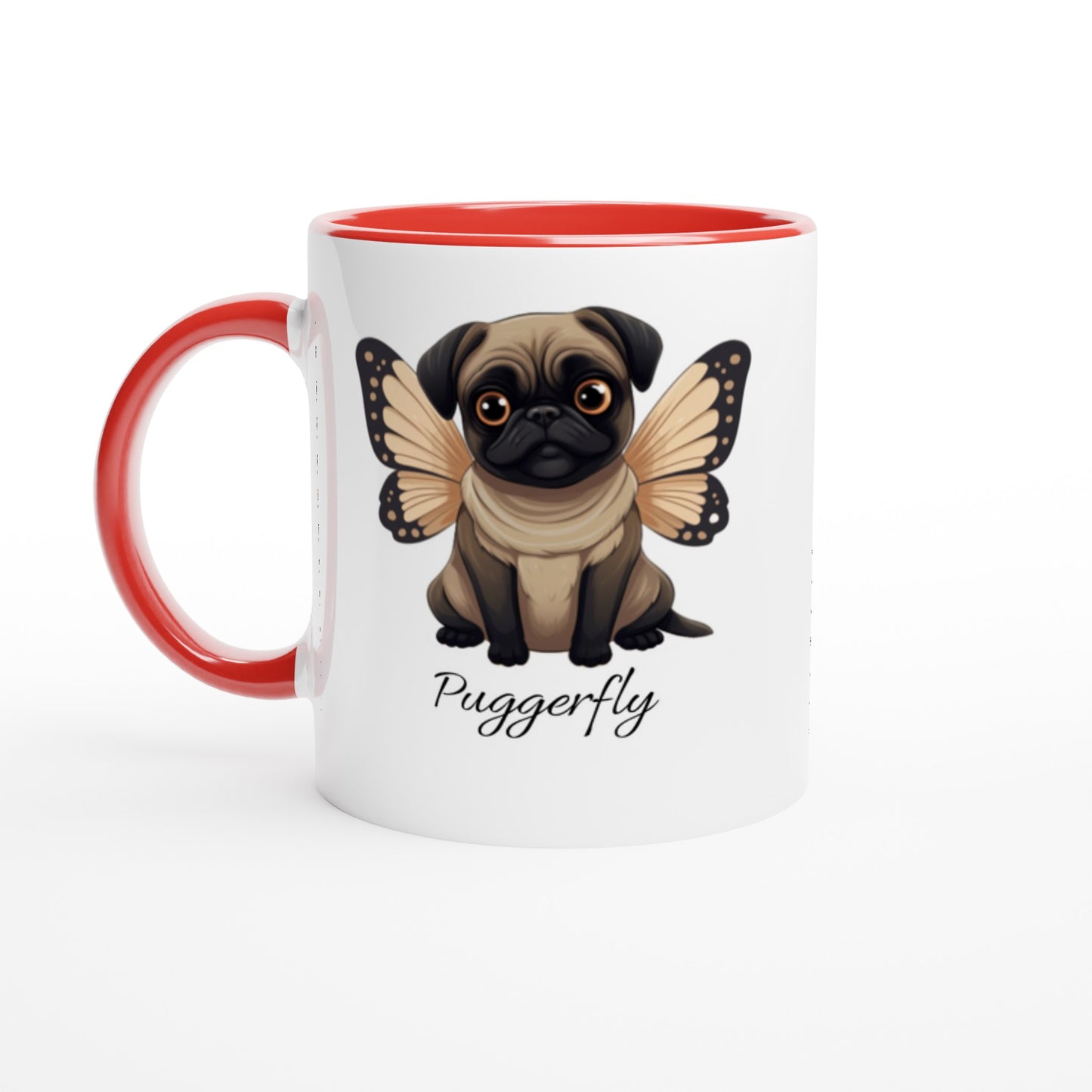 Puggerfly -- White 11oz Ceramic Pug Mug with Color Inside