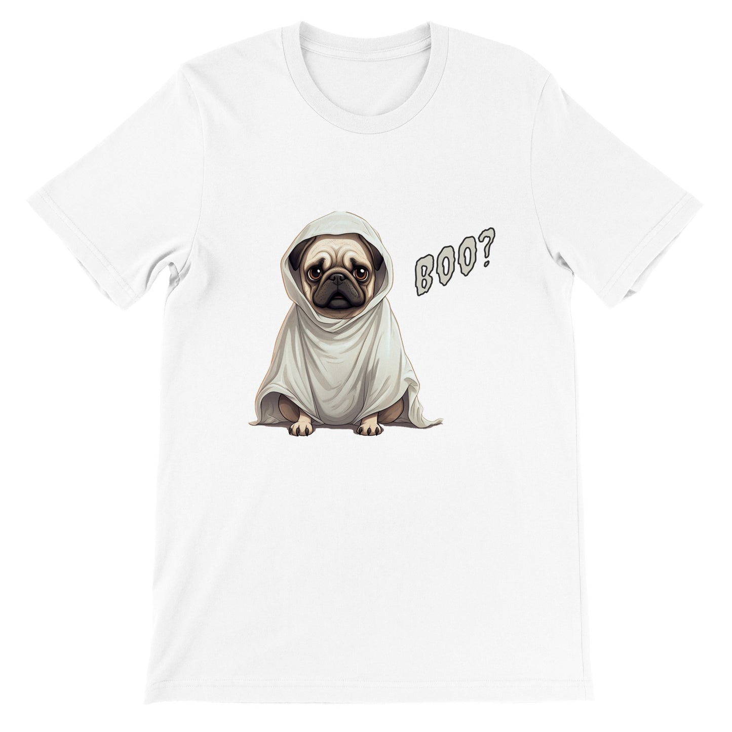 White t-shirt with a fawn-colored cartoon-style pug on it. The pug has a concerned expression and is wearing a ghost costume. The word "Boo?" is on the right side of the image.