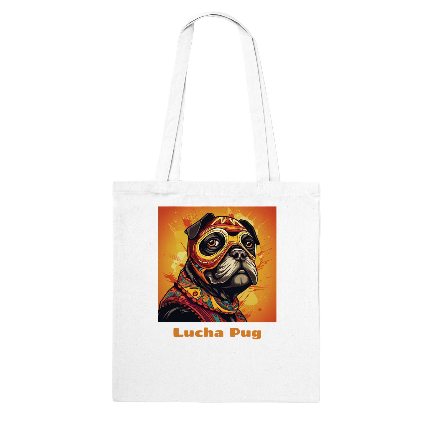 White tote bag with the bust of a cartoon pug wearing an orange, red, and yellow luchador mask and costume on a fiery orange and yellow background