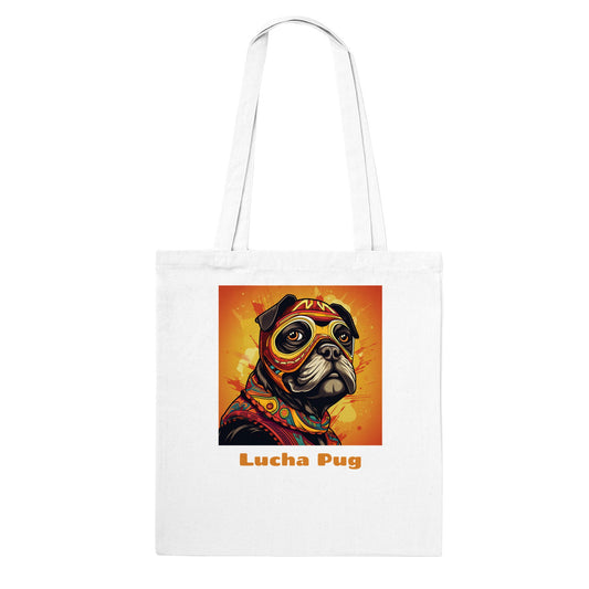 White tote bag with the bust of a cartoon pug wearing an orange, red, and yellow luchador mask and costume on a fiery orange and yellow background