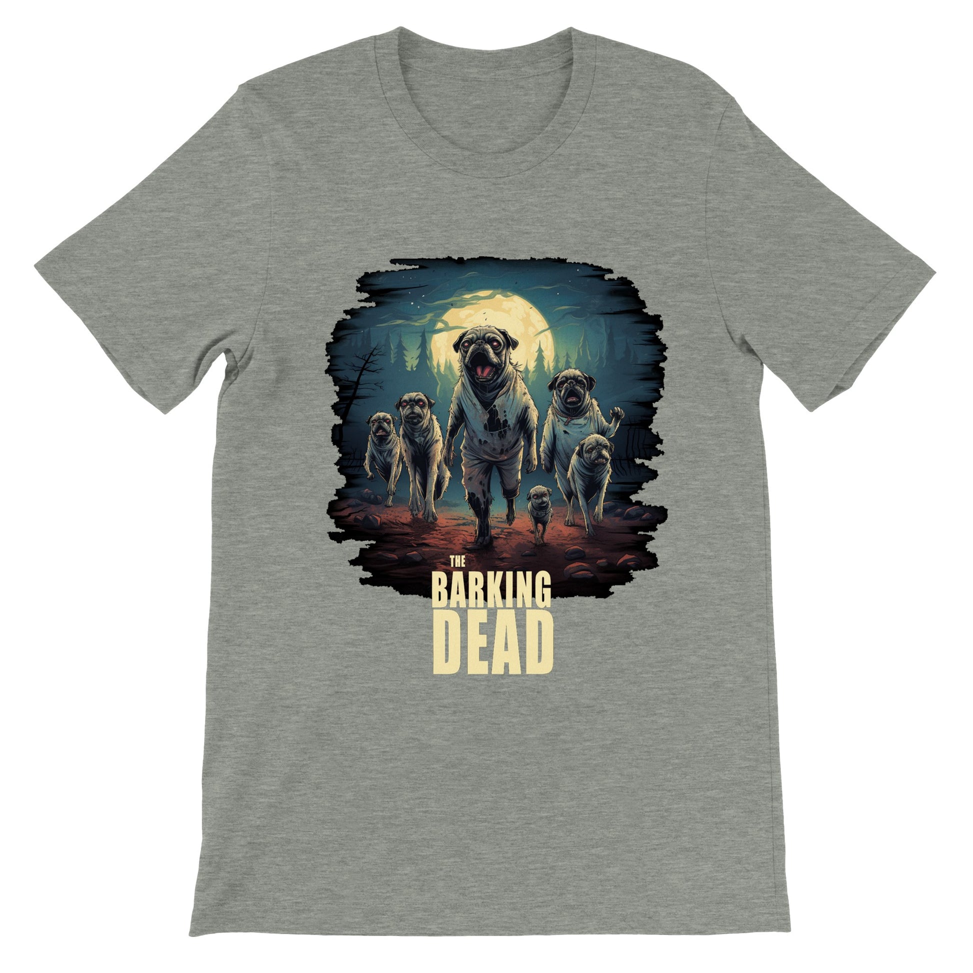 Athletic heather gray t-shirt with the image of a group of zombie pugs walking through a forest on a spooky moonlit night with the words "The barking dead" underneath the image