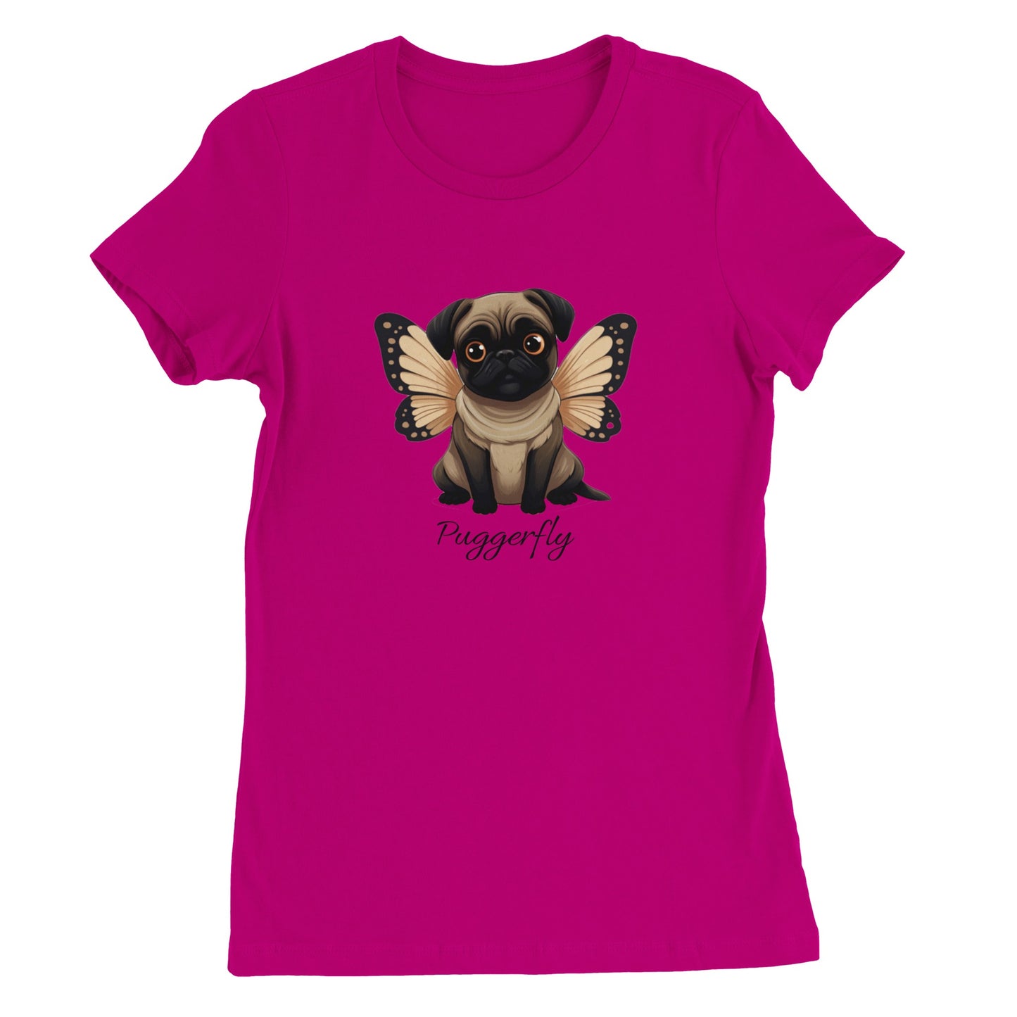 Dark pink t-shirt with a cartoon style picture of a fawn-colored pug with orangey-beige butterfly wings attached to her back and big sad eyes. The word "Puggerfly" is beneath the image.