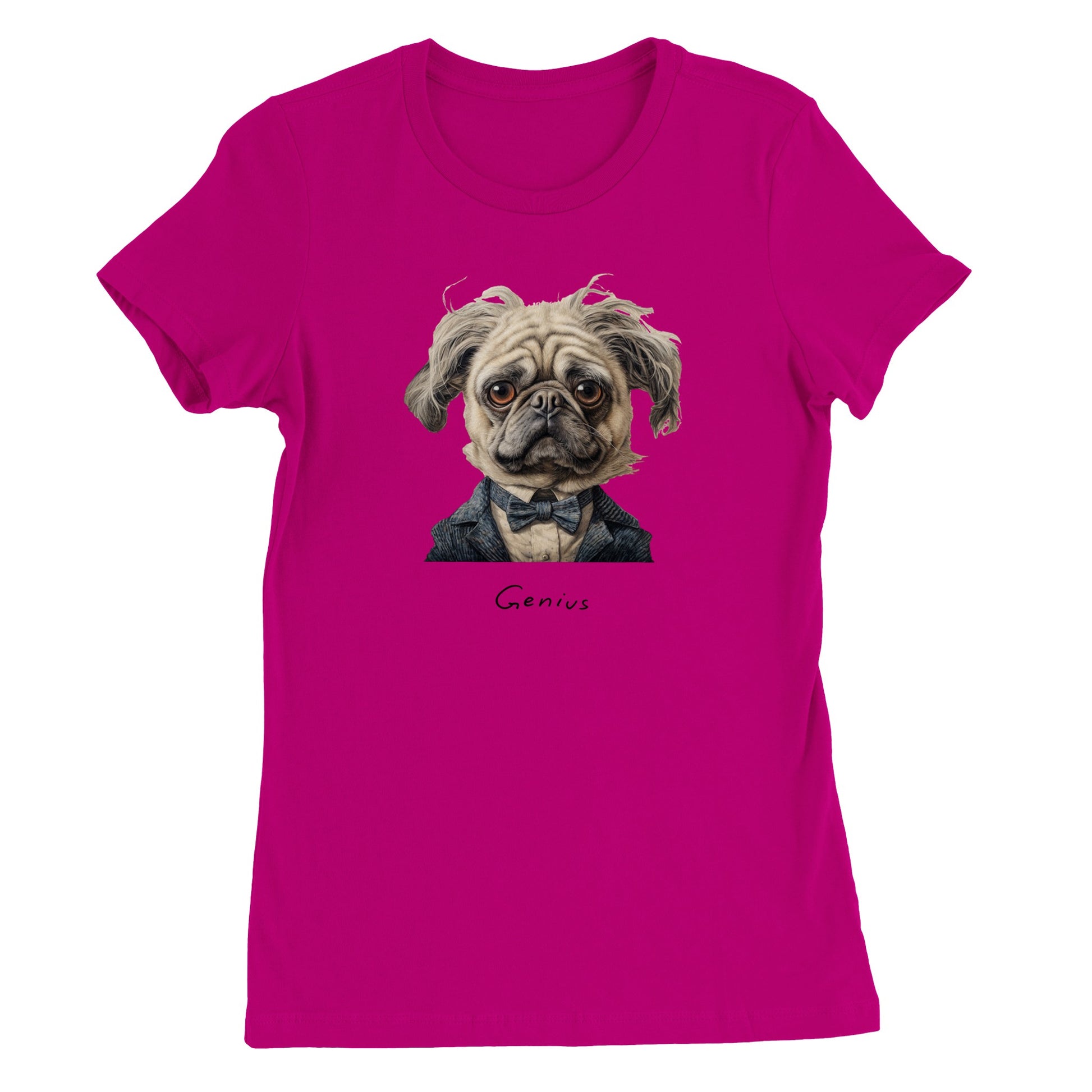 Berry pink t-shirt with a pug that looks like Albert Einstein on it. Beneath the image is the word "Genius."