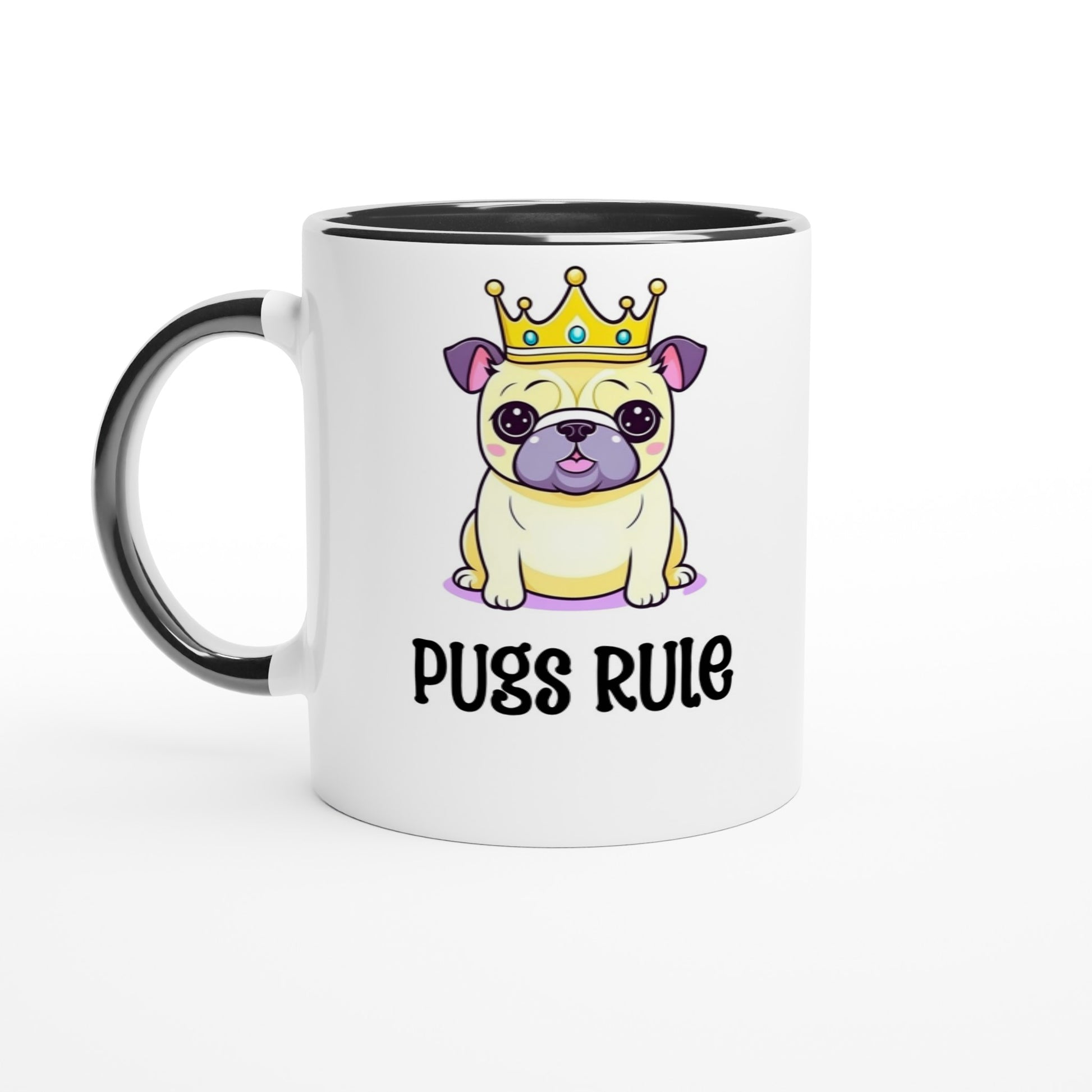 A white mug with a black handle, rim, and inside and an image of a  kawaii icon-style pug wearing  a crown with the words "Pugs rule" underneath the image