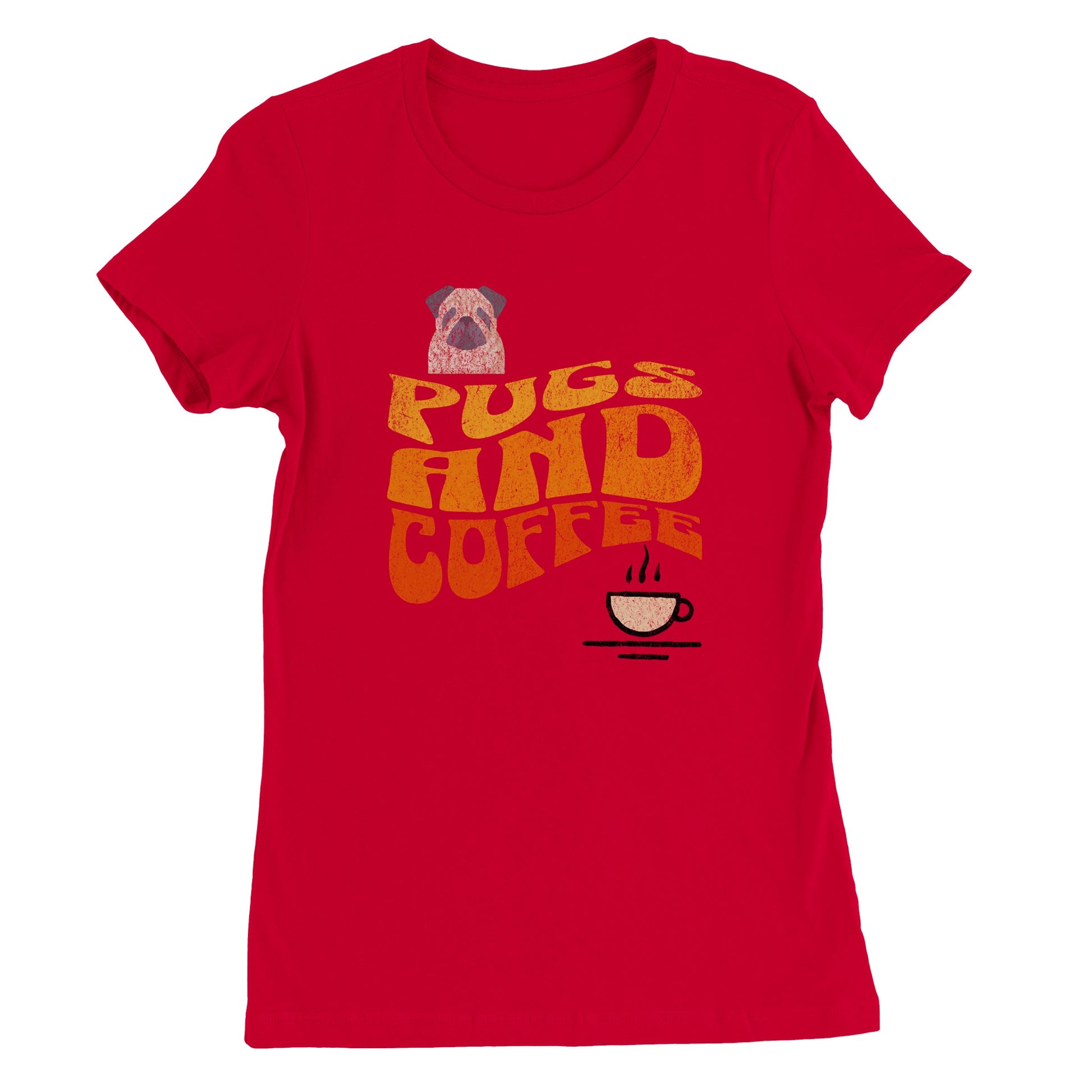 Red t-shirt with  the words "Pugs and Coffee" in yellow, orange, and red in a retro, faded, wavy style. There is a picture of a cartoon pug above the words on the left and a line-drawing of a steaming cup of coffee below the words on the right.