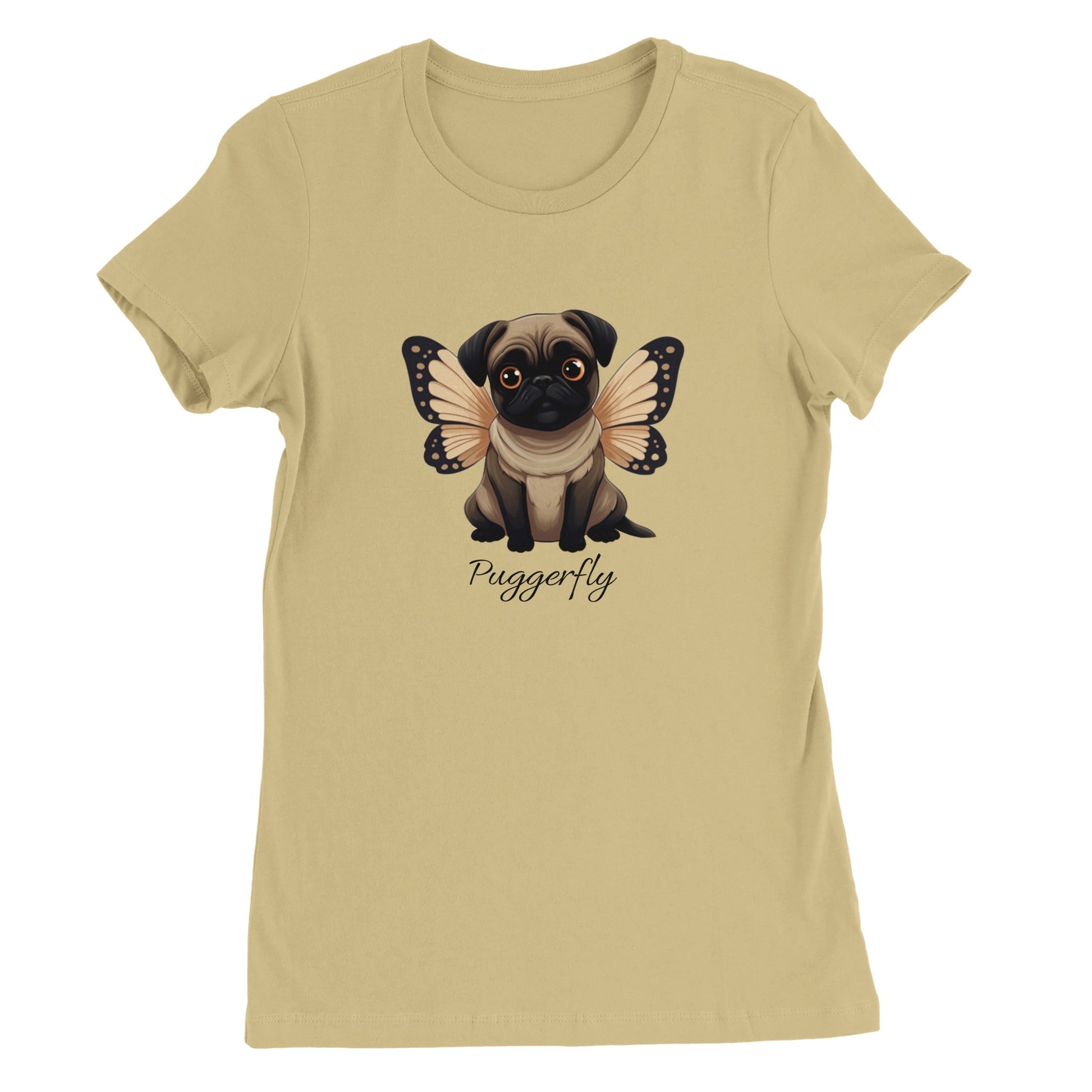 Beige t-shirt with a cartoon style picture of a fawn-colored pug with orangey-beige butterfly wings attached to her back and big sad eyes. The word "Puggerfly" is beneath the image.