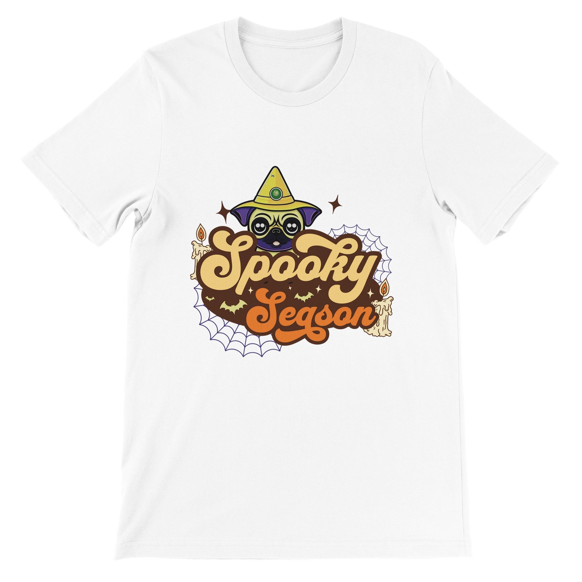 White t-shirt with the image of a pug's head in a witch's hat and the words "Spooky Season" below it. The image also has cobwebs, bats, and candles in it.