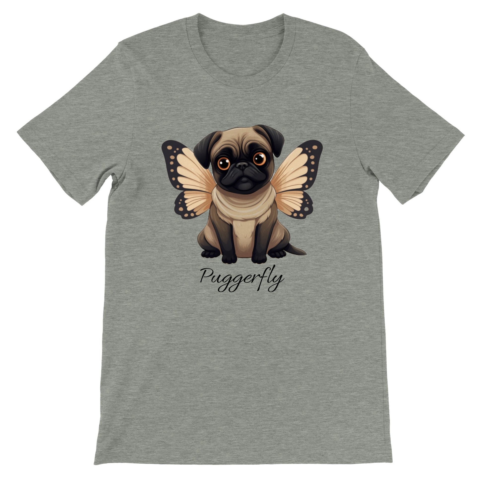 Heather gray  t-shirt with a cartoon style picture of a fawn-colored pug with orangey-beige butterfly wings attached to her back and big sad eyes. The word "Puggerfly" is beneath the image.