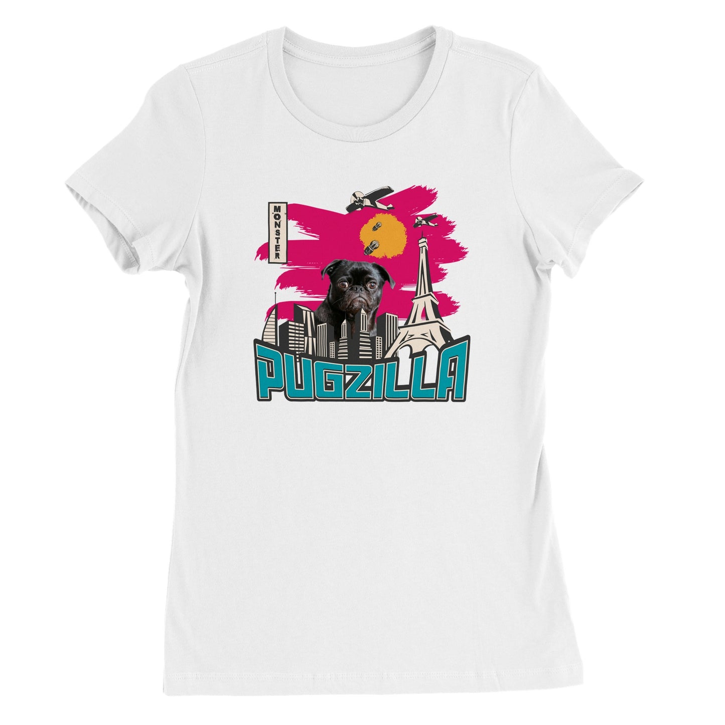 White t-shirt with the image of a black pug standing over a cityscape under a pink sky with jets dropping bombs on him and with the word "Pugzilla" under it.