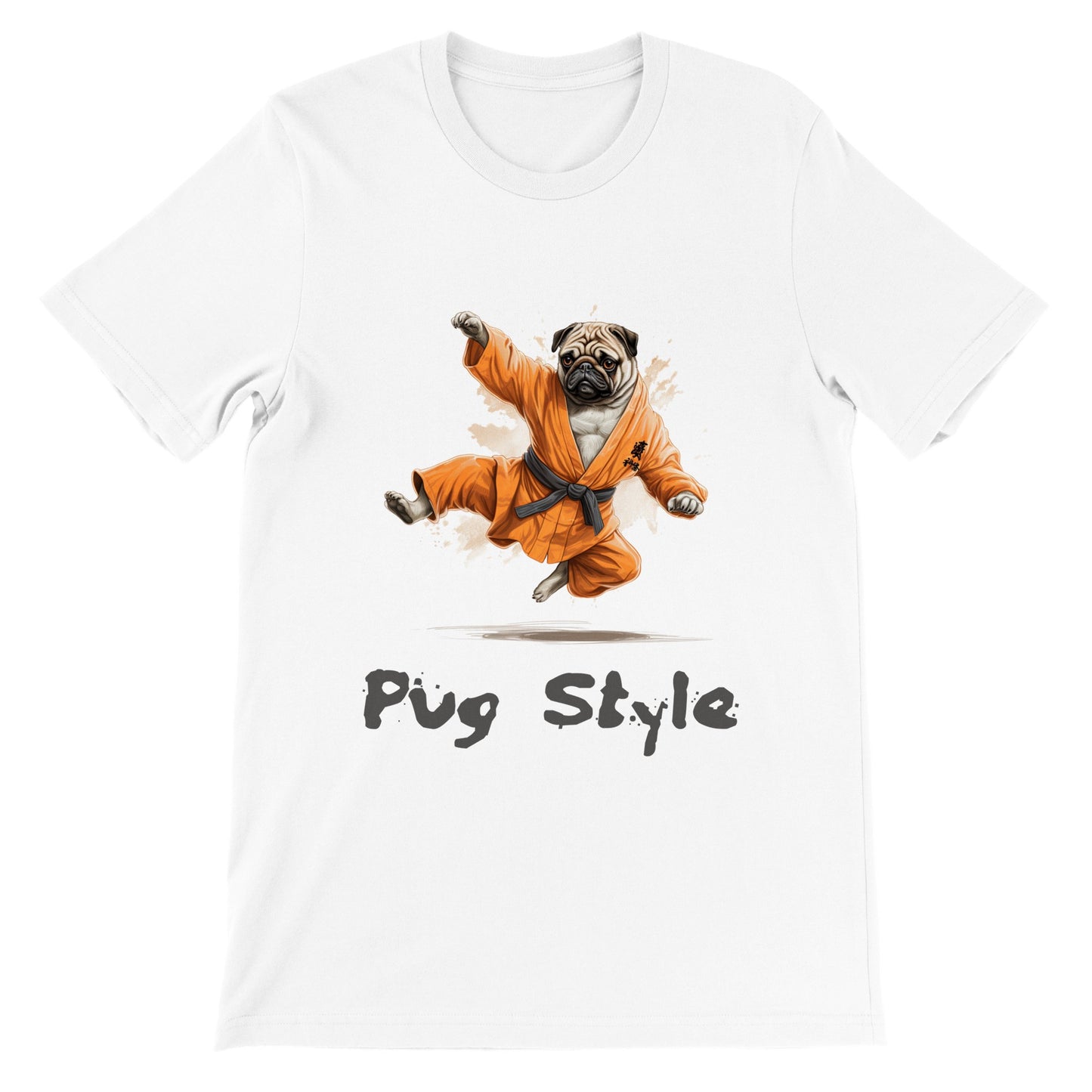 White t-shirt with a picture of a cartoon pug wearing an orange gi and doing a flying sidekick with the words "Pug Style" written underneath.